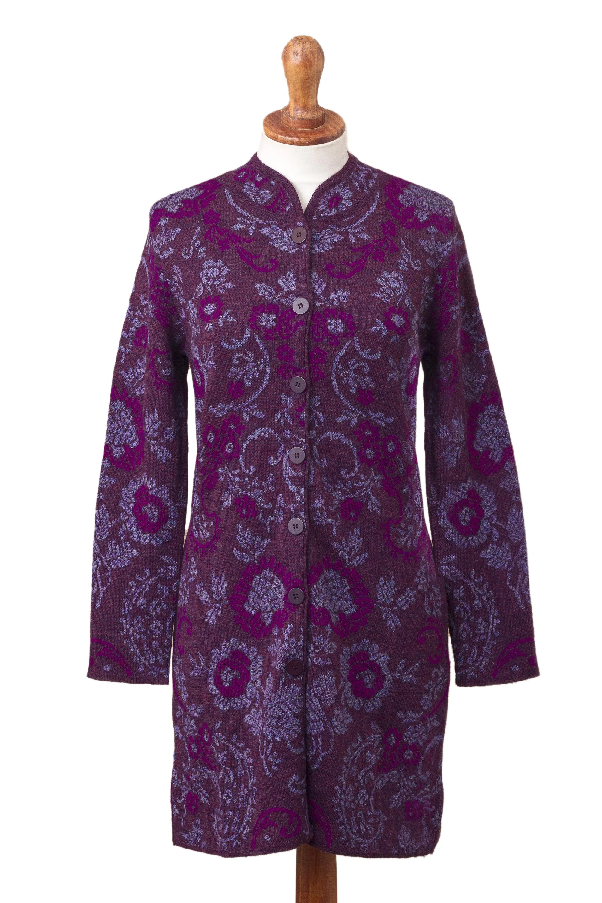 Dream Garden in Maroon Floral 100% Baby Alpaca Cardigan in Maroon from Peru - Image 2