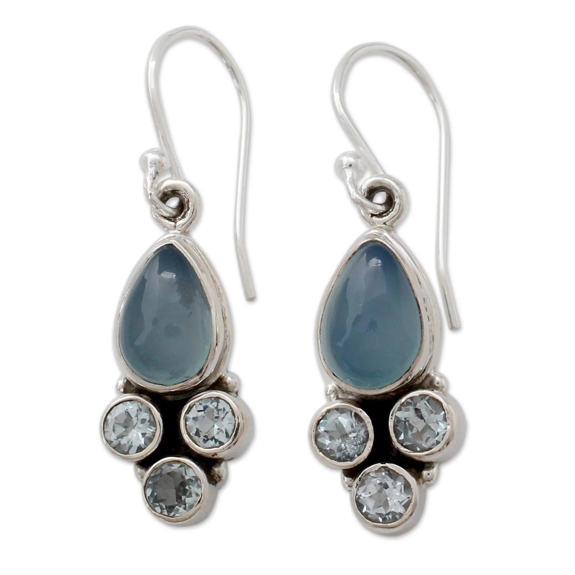 Dream Meadow Fair Trade Chalcedony and Blue Topaz Silver Dangle Earrings - Image 2