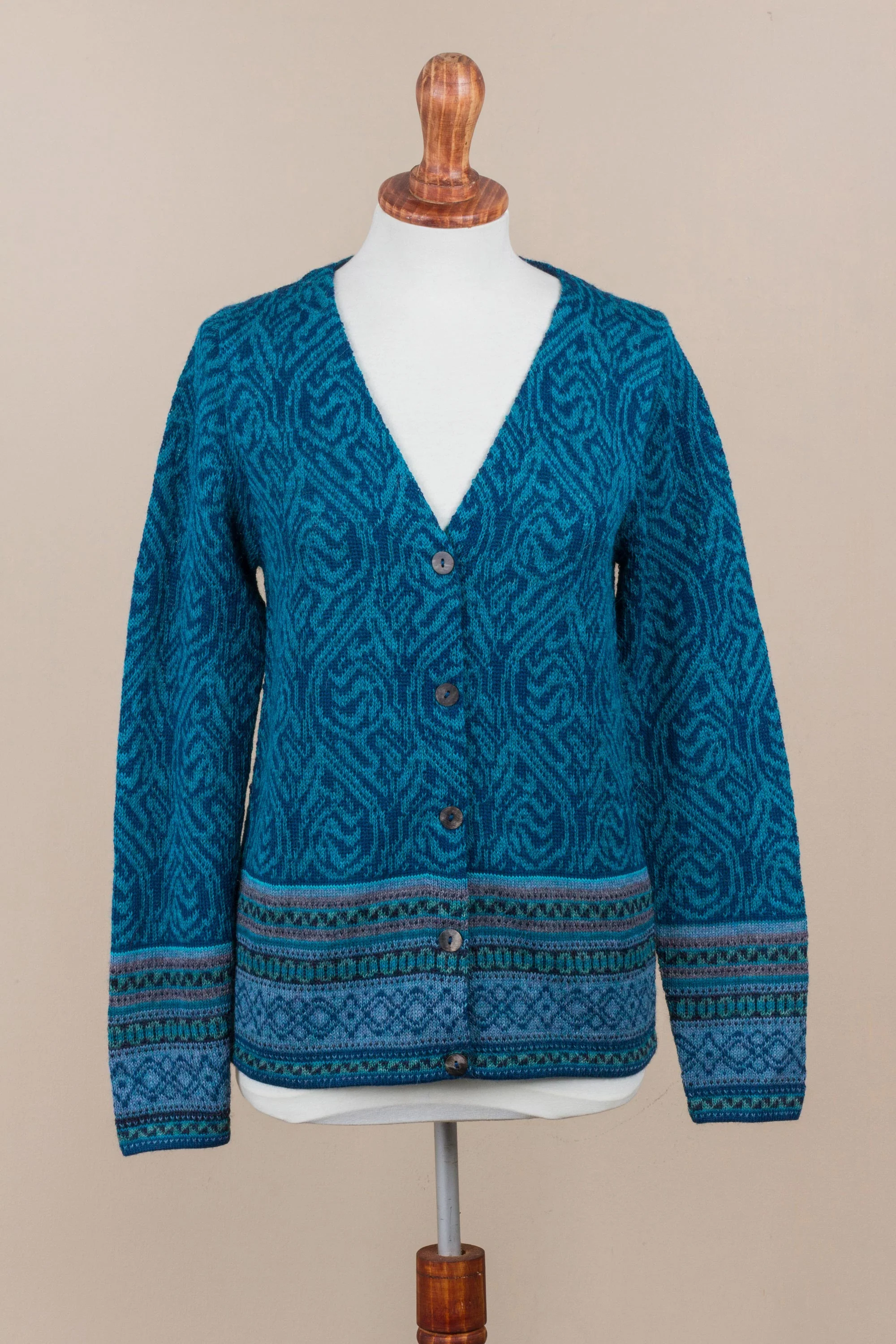 Dreamy Blues Teal 100% Alpaca Wool Cardigan Sweater from Peru - Image 4