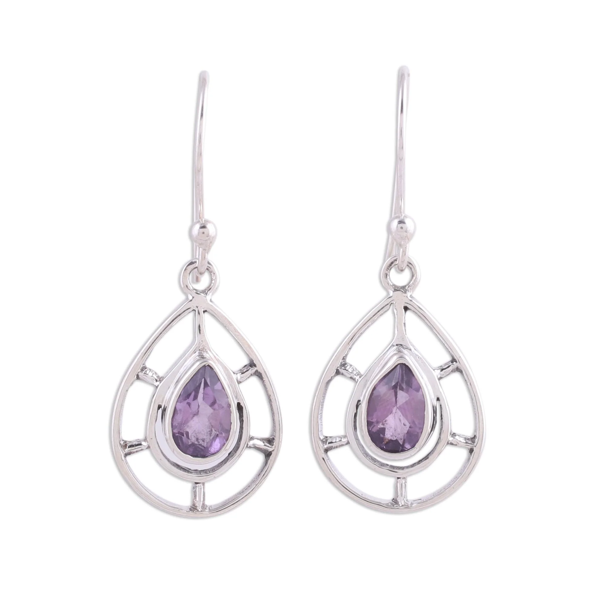 Droplet Spokes Faceted Amethyst Droplet Dangle Earrings from India - Image 2