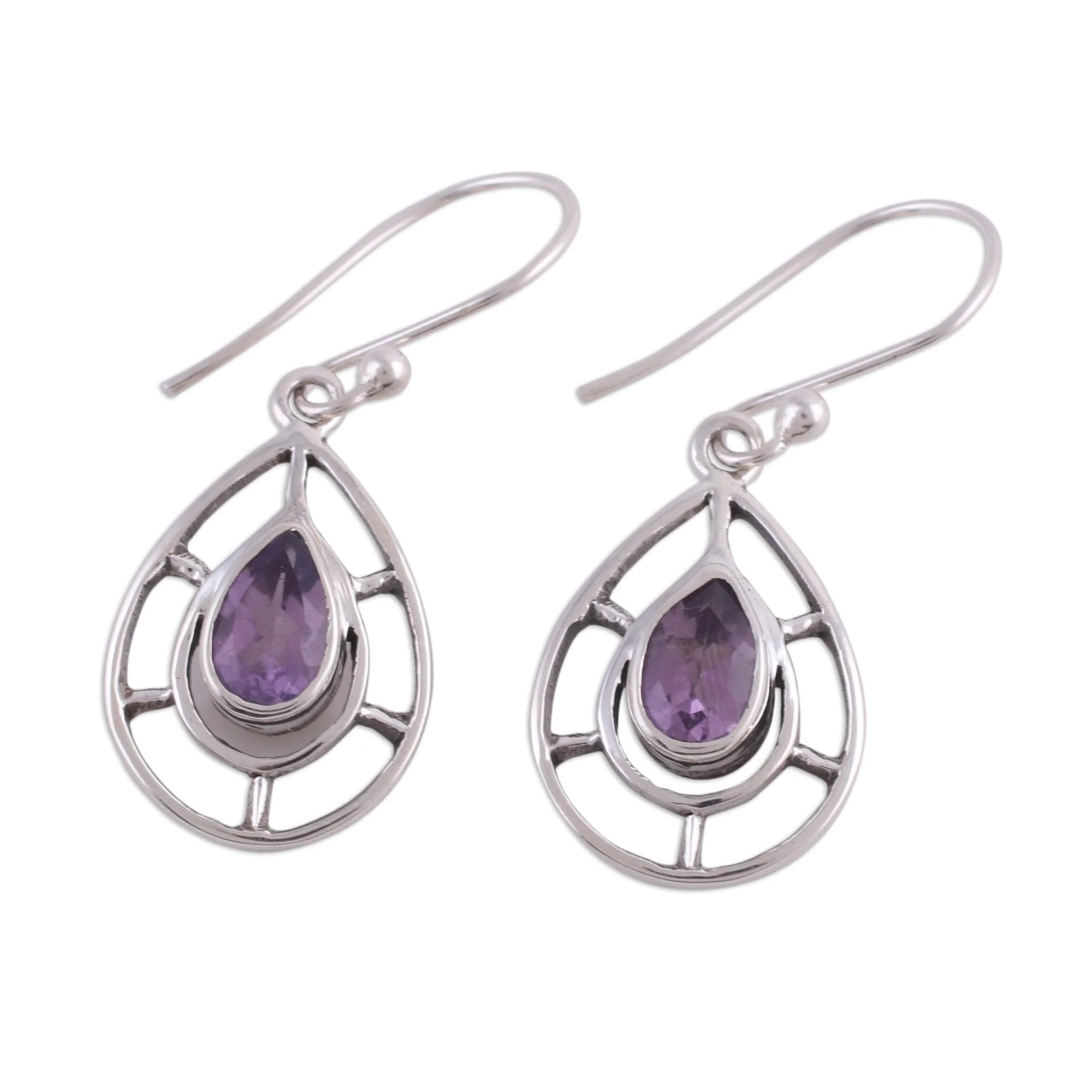 Droplet Spokes Faceted Amethyst Droplet Dangle Earrings from India - Image 5