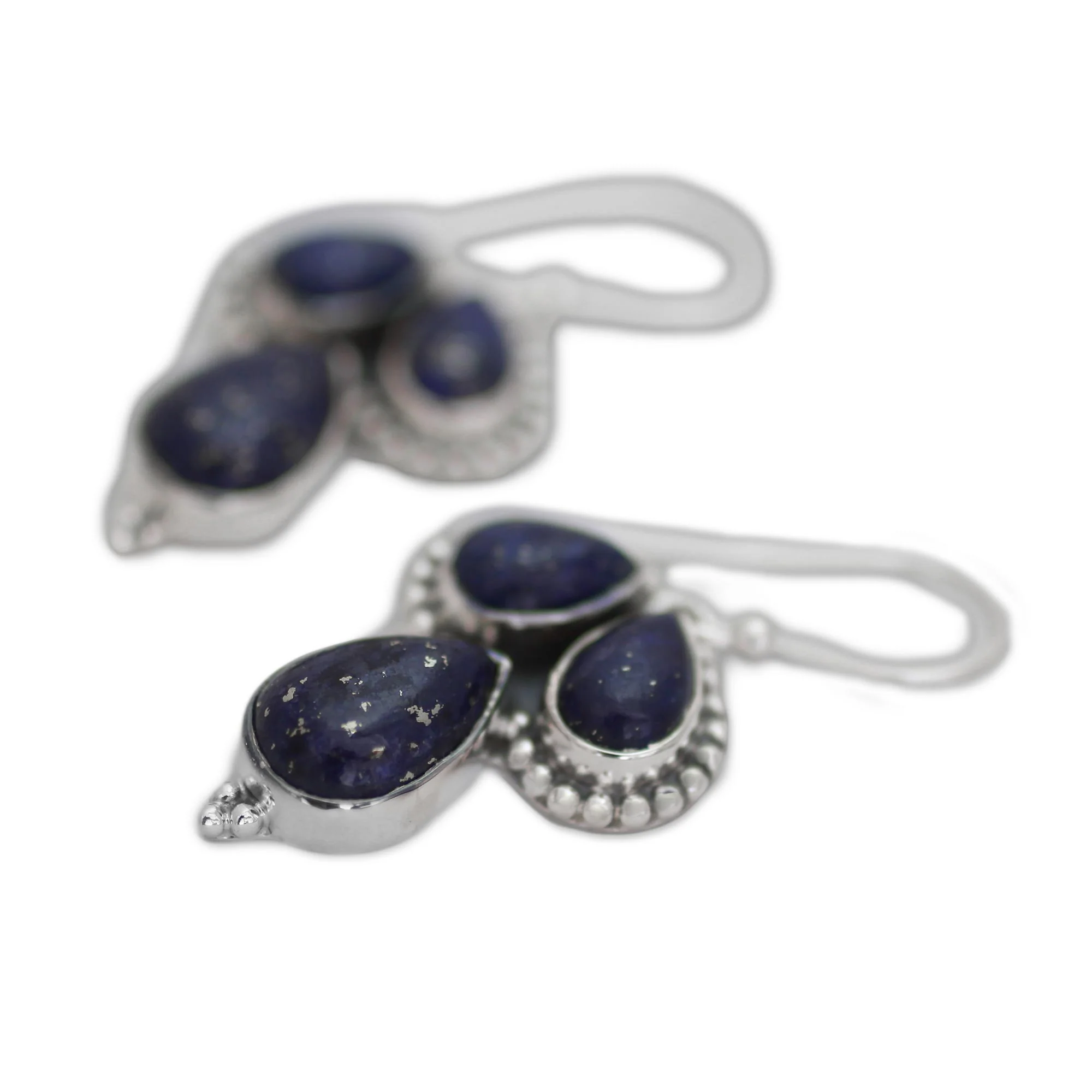 Droplet Trios Lapis Lazuli and Sterling Silver Dangle Earrings from India - Image 5