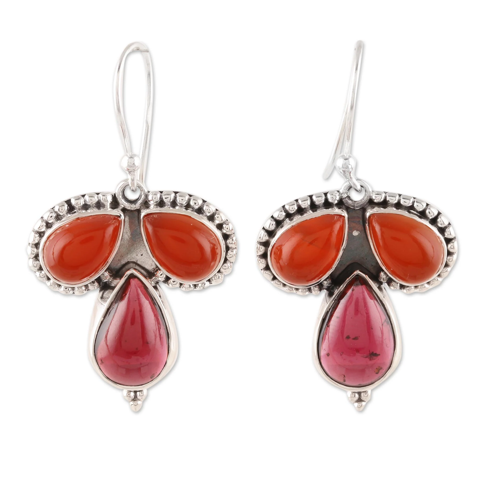 Droplet Trios Teardrop Carnelian and Garnet Dangle Earrings from India - Image 2