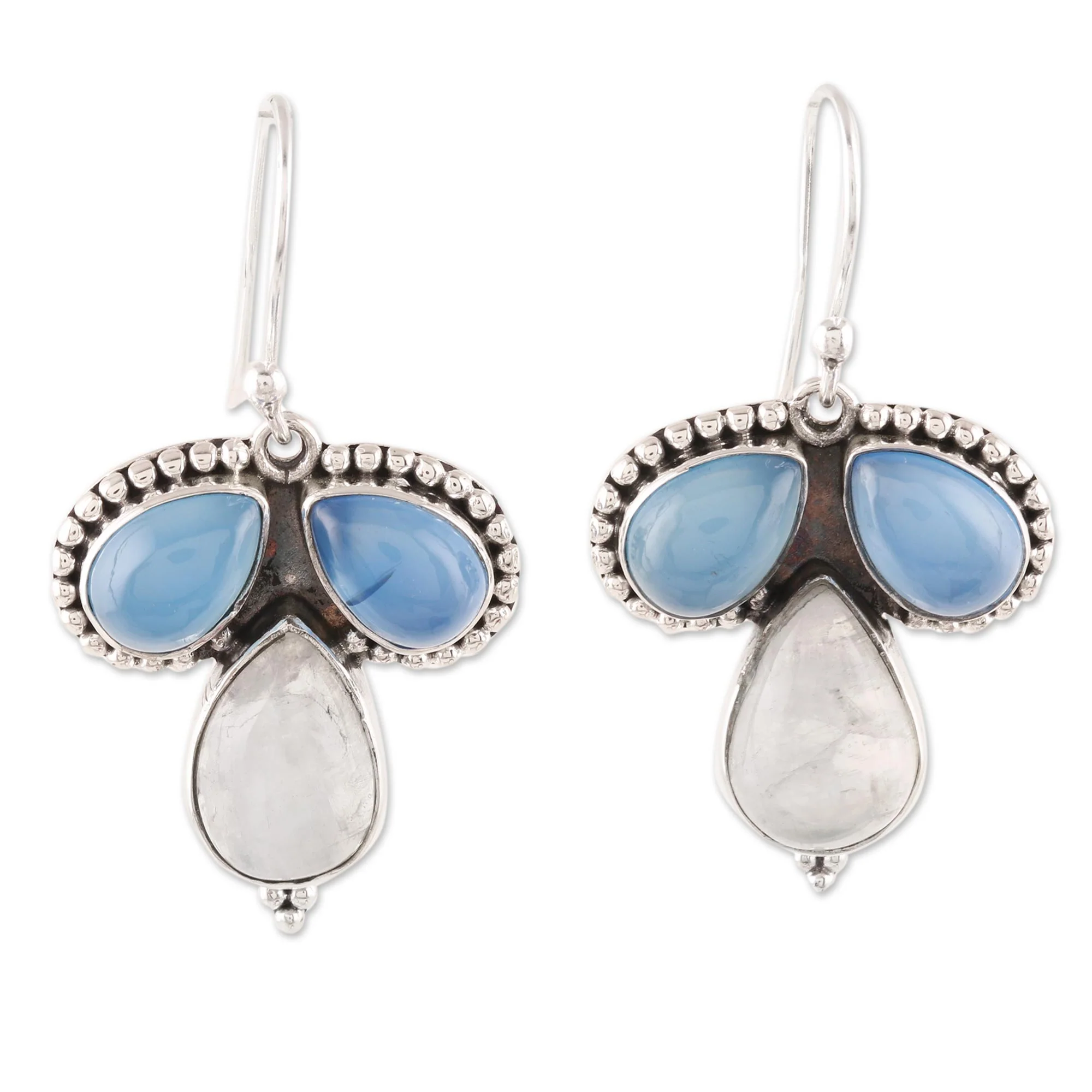 Droplet Trios Teardrop Chalcedony and Rainbow Moonstone Dangle Earrings - Image 2