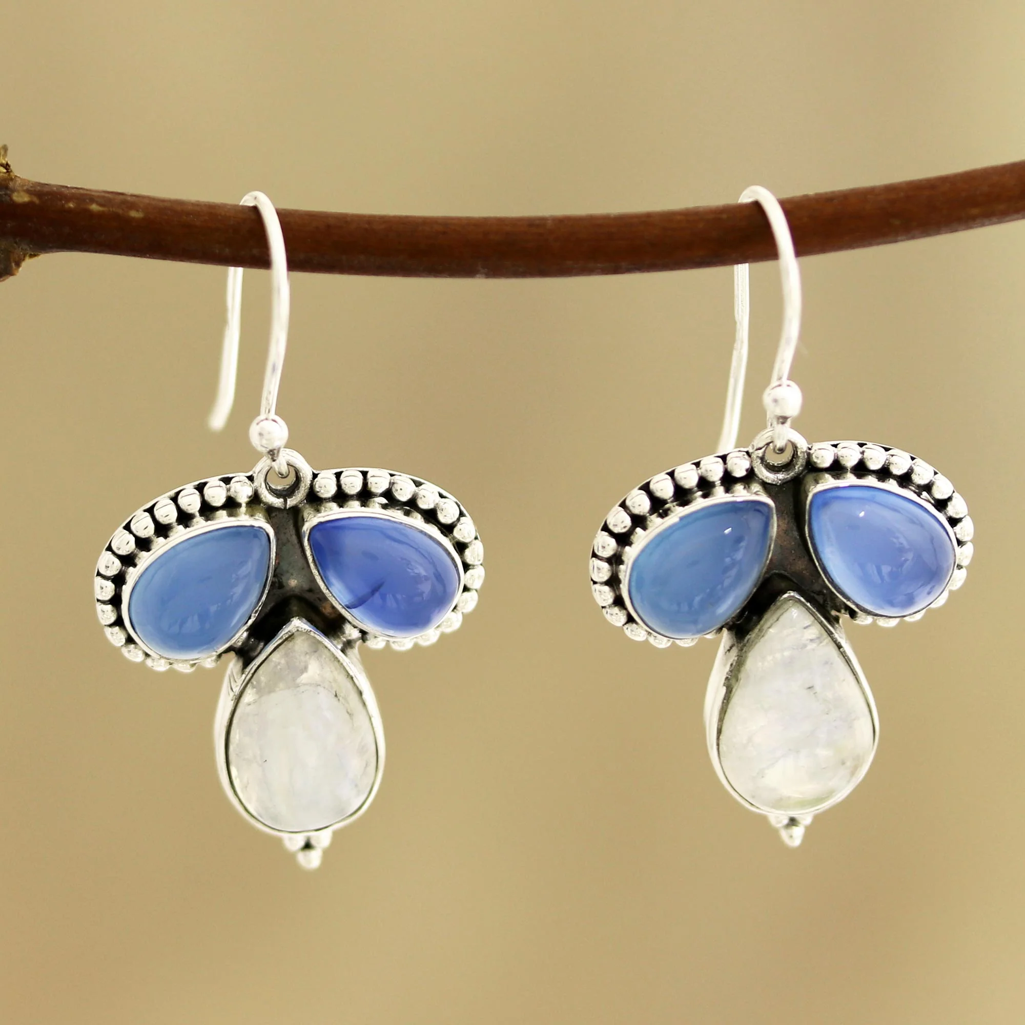 Droplet Trios Teardrop Chalcedony and Rainbow Moonstone Dangle Earrings - Image 3