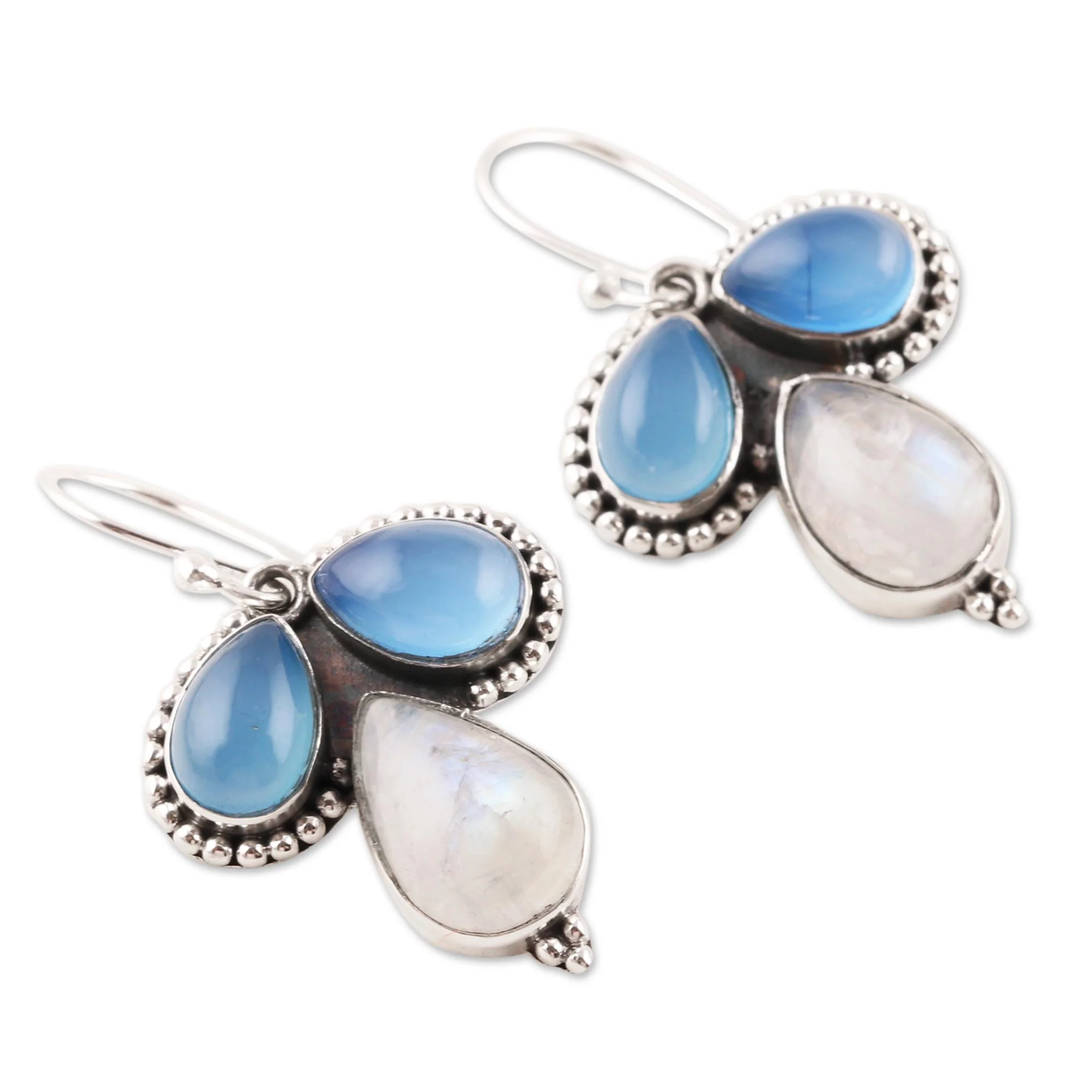 Droplet Trios Teardrop Chalcedony and Rainbow Moonstone Dangle Earrings - Image 4