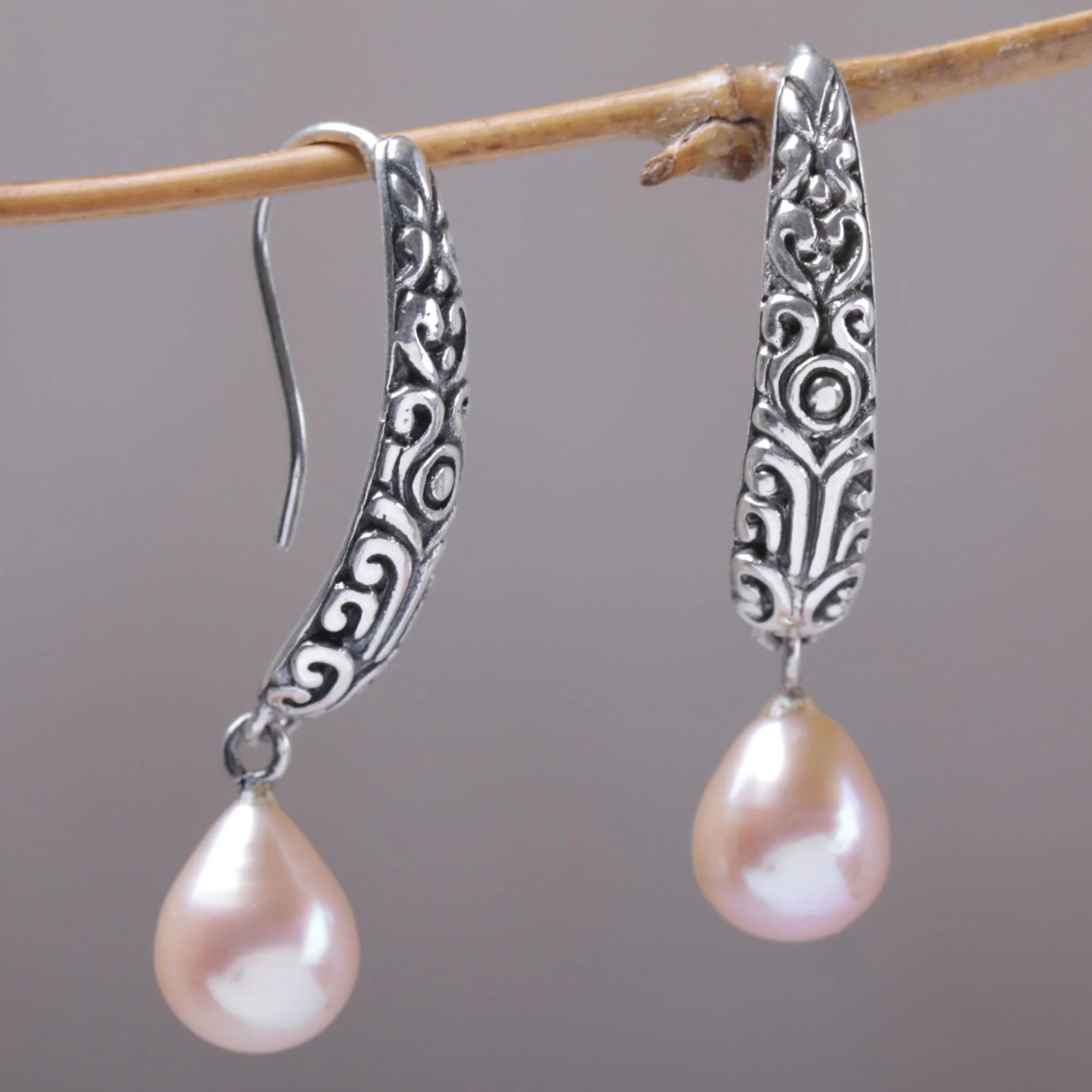Drops of Honey Dyed Pearl & Silver Dangle Earrings - Image 3