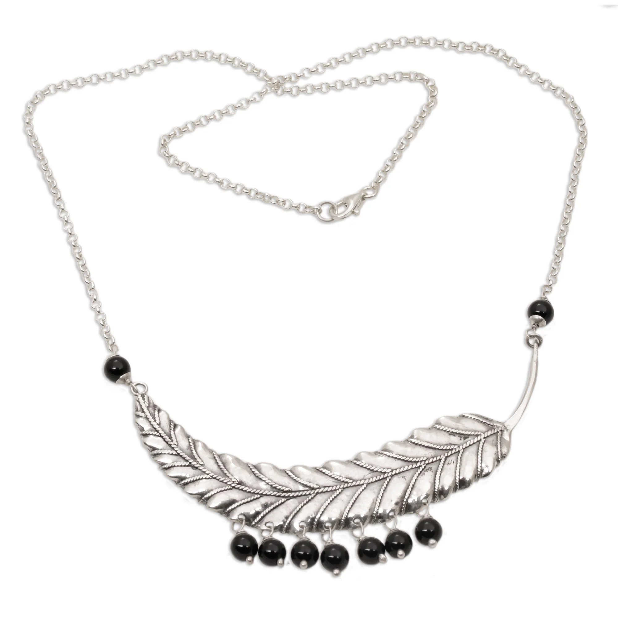 Dusky Dew Sterling Silver and Onyx Leaf Pendant Necklace from Bali - Image 3