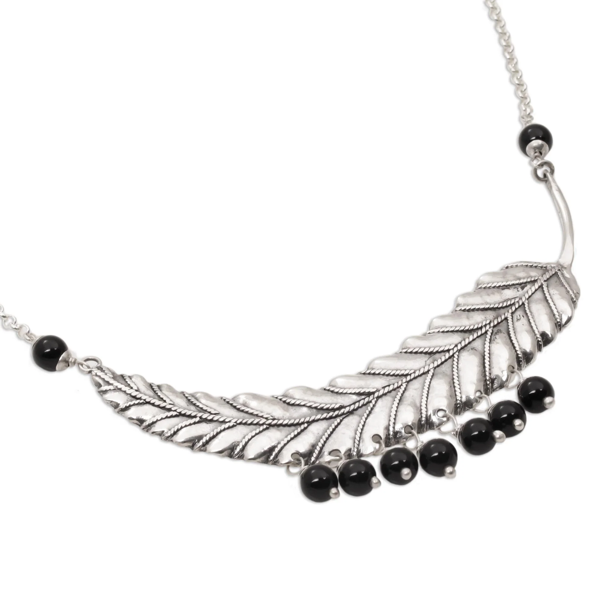 Dusky Dew Sterling Silver and Onyx Leaf Pendant Necklace from Bali - Image 4