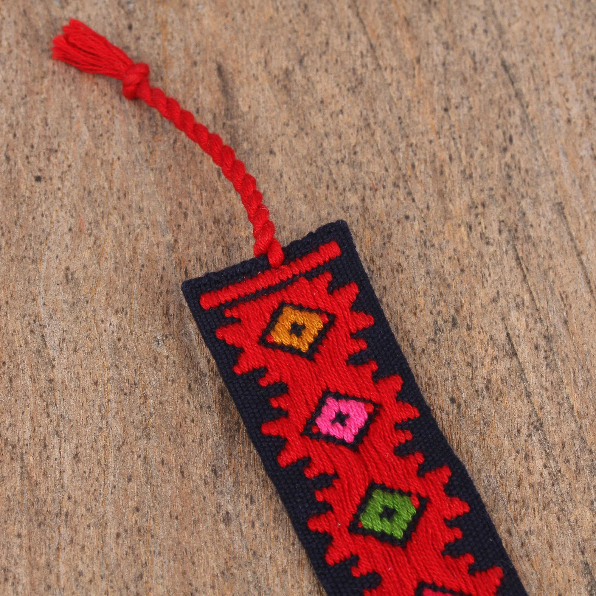 Dynamic Diamonds Hand Crafted Multi-Color Embroidered Cotton Bookmark - Image 3