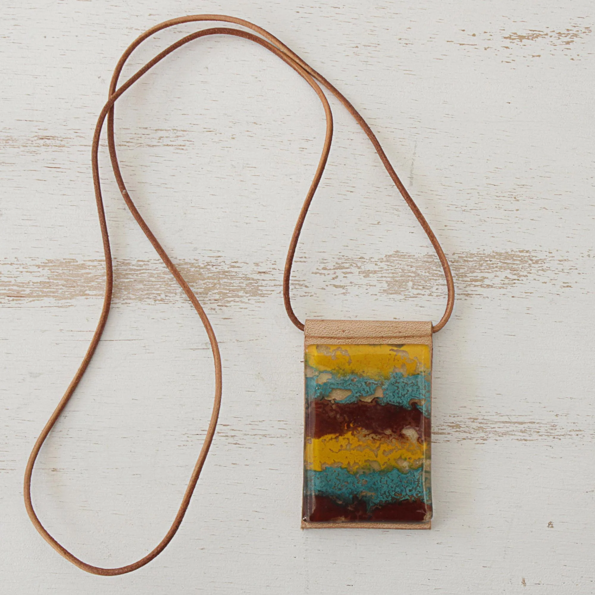 Earth Waters Layered Glass and Leather Pendant Necklace from Brazil - Image 3