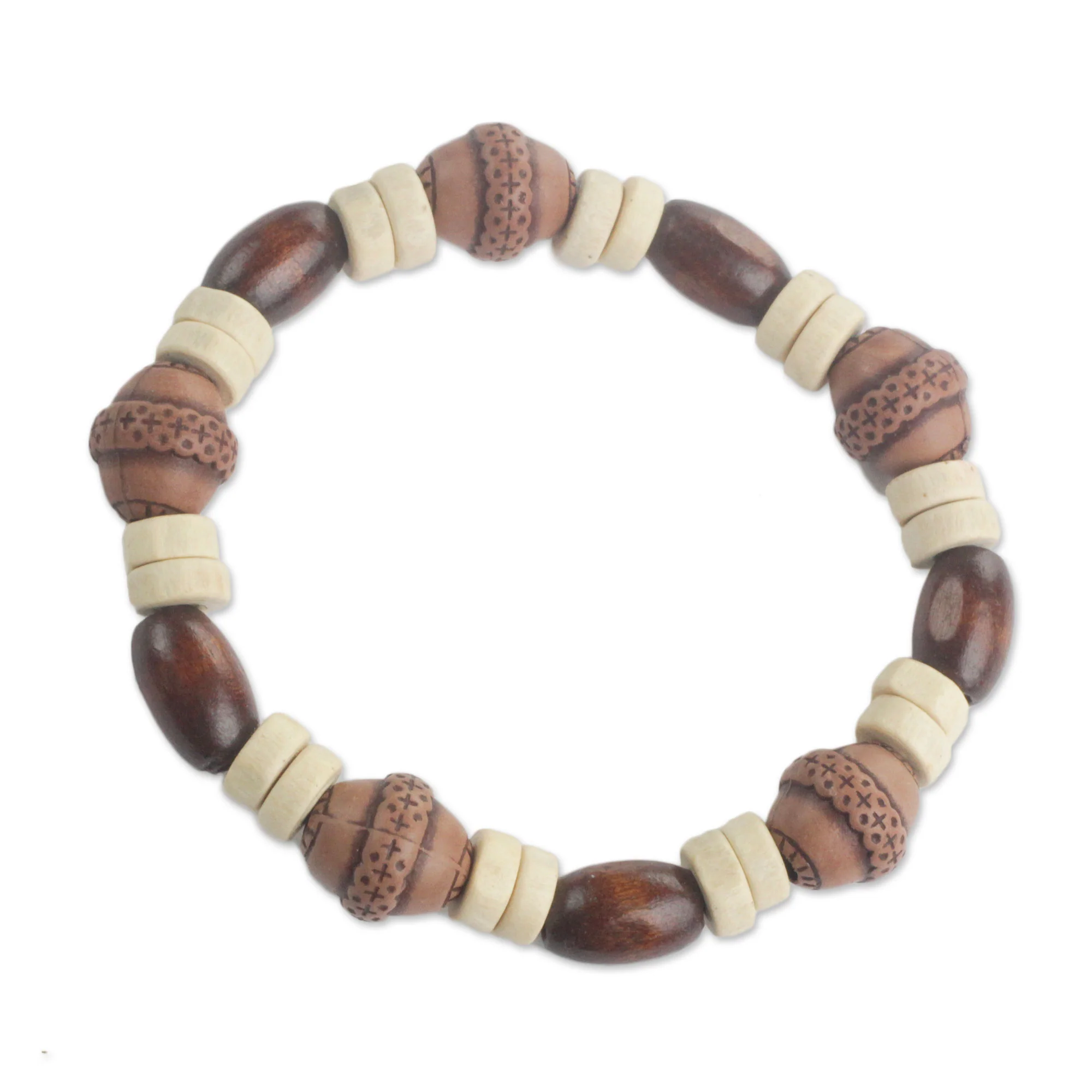 Earthy Charm Wood and Recycled Plastic Beaded Stretch Bracelet from Ghana - Image 2