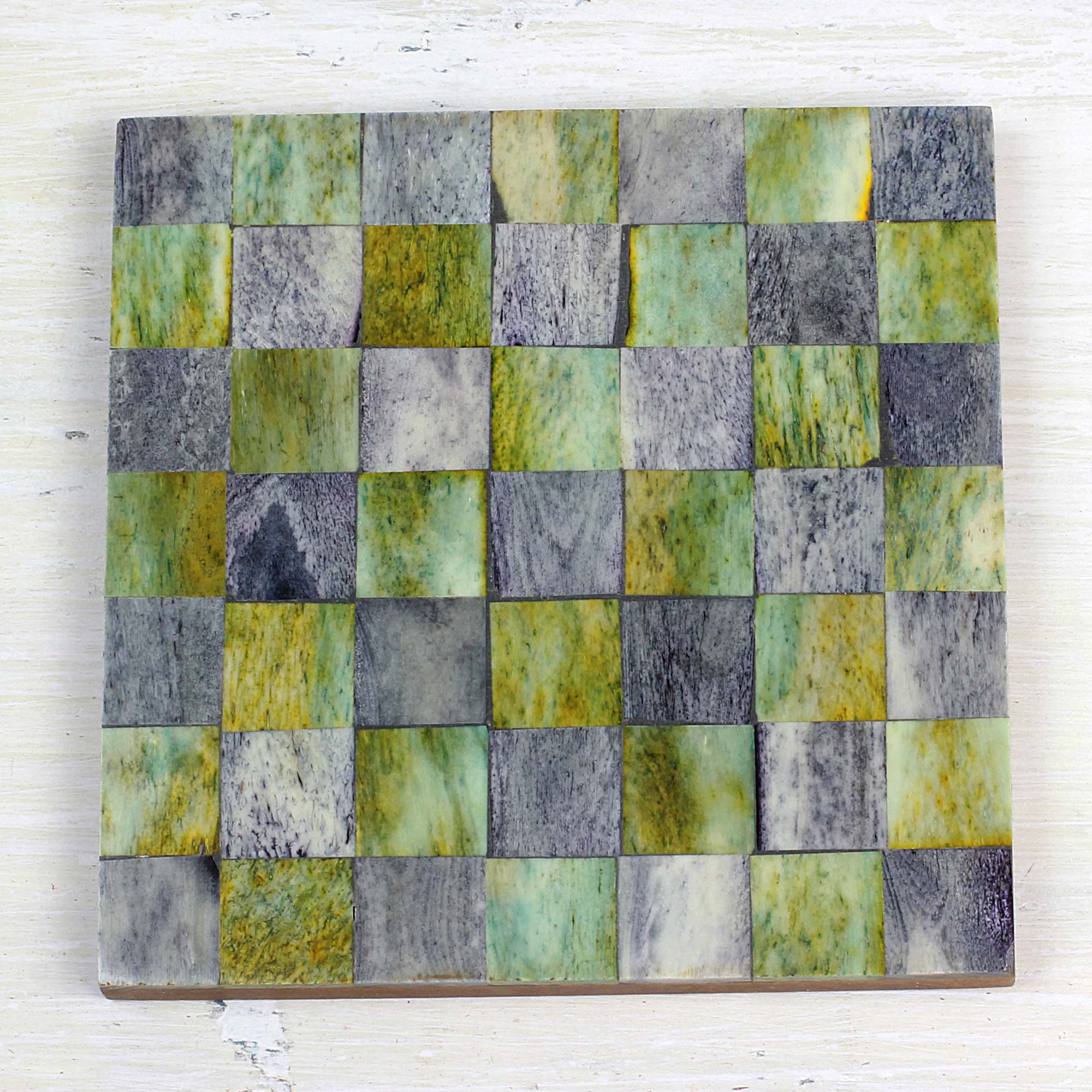 Earthy Checkers Six Green and Grey Checkerboard Bone Coasters from India - Image 3