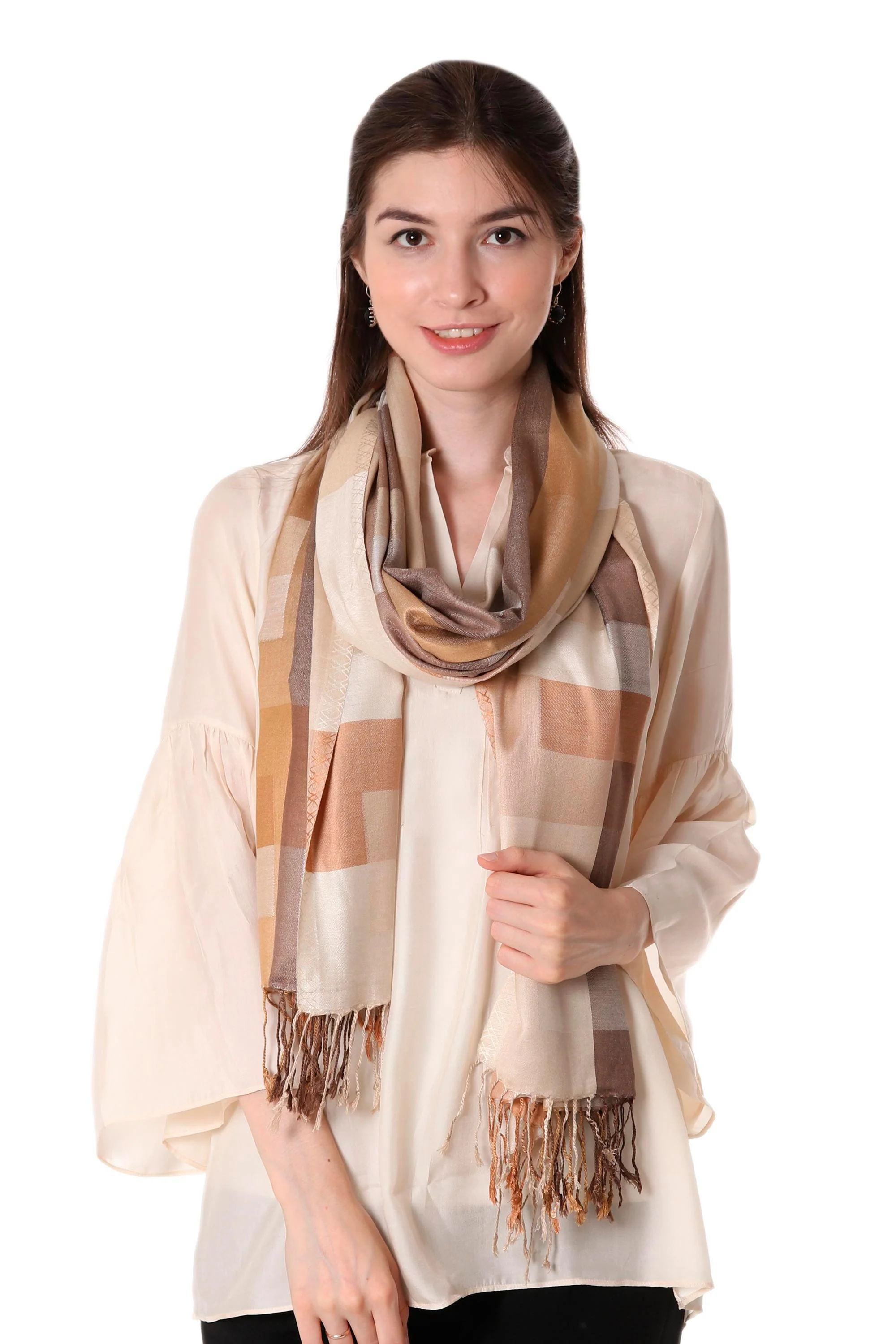 Earthy Story Indian Viscose Shawl with Geometric Pattern - Image 2