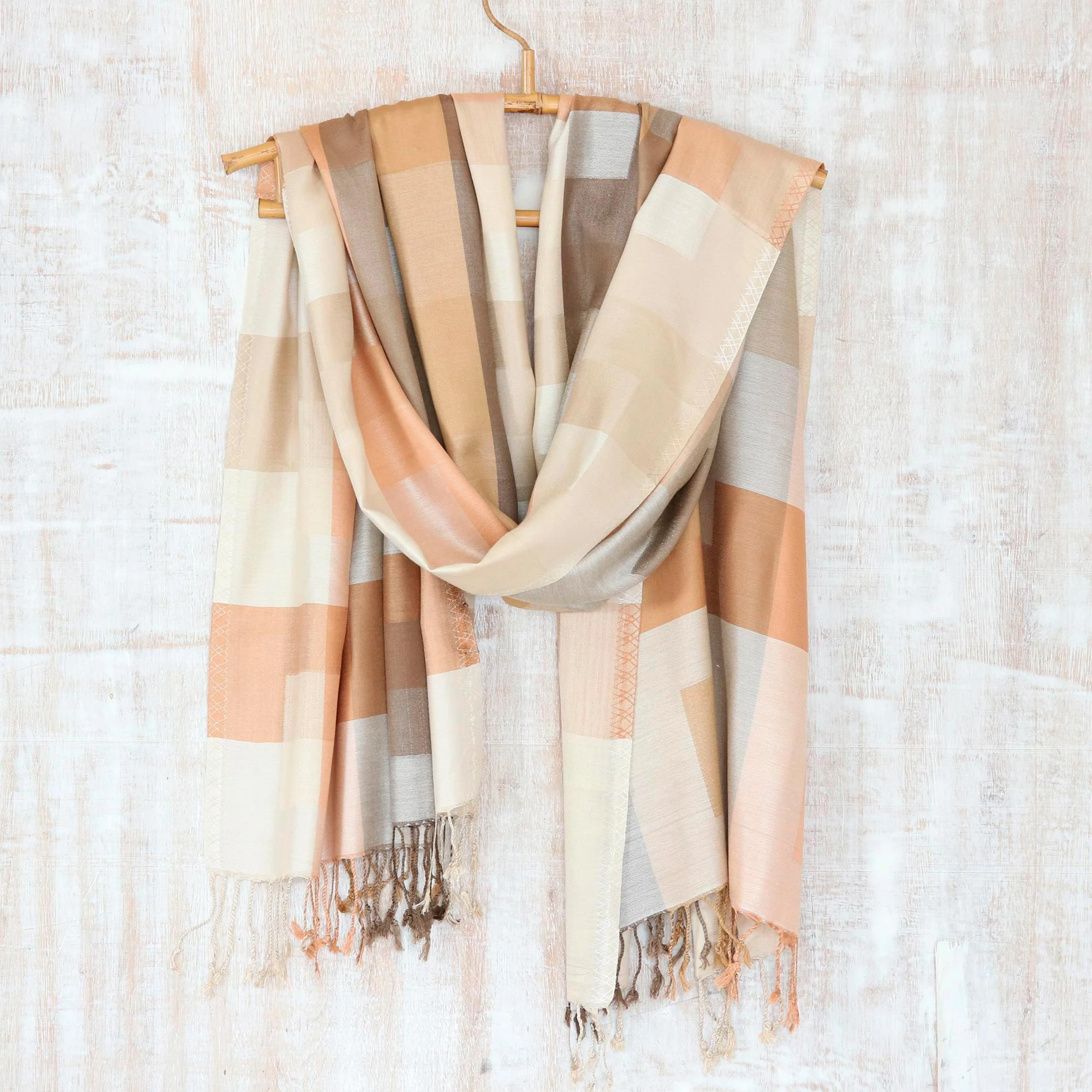 Earthy Story Indian Viscose Shawl with Geometric Pattern - Image 3