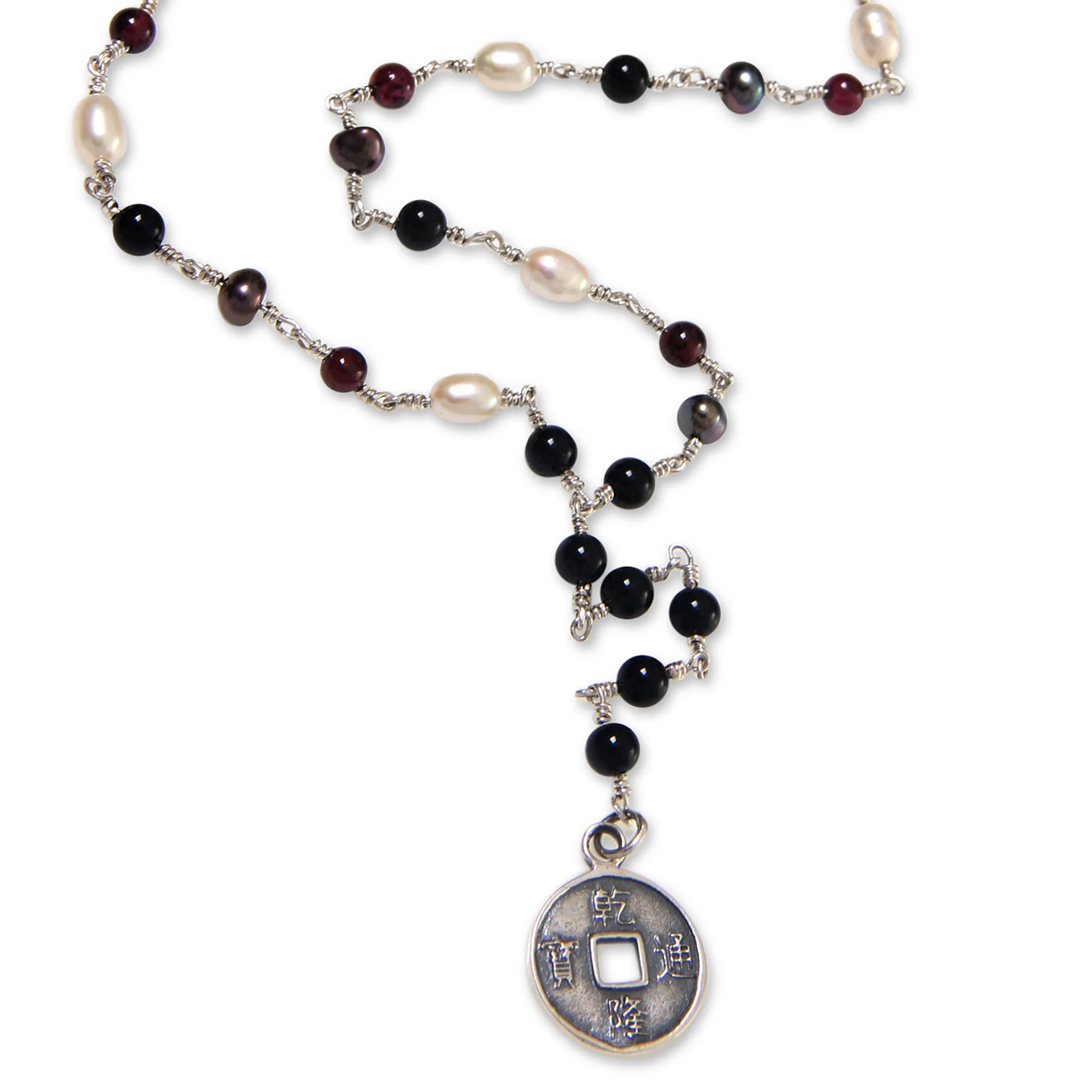 Ebony and Crimson Pis Bolong Sterling Silver, Onyx, Garnet and Pearl Y-Style Necklace - Image 3