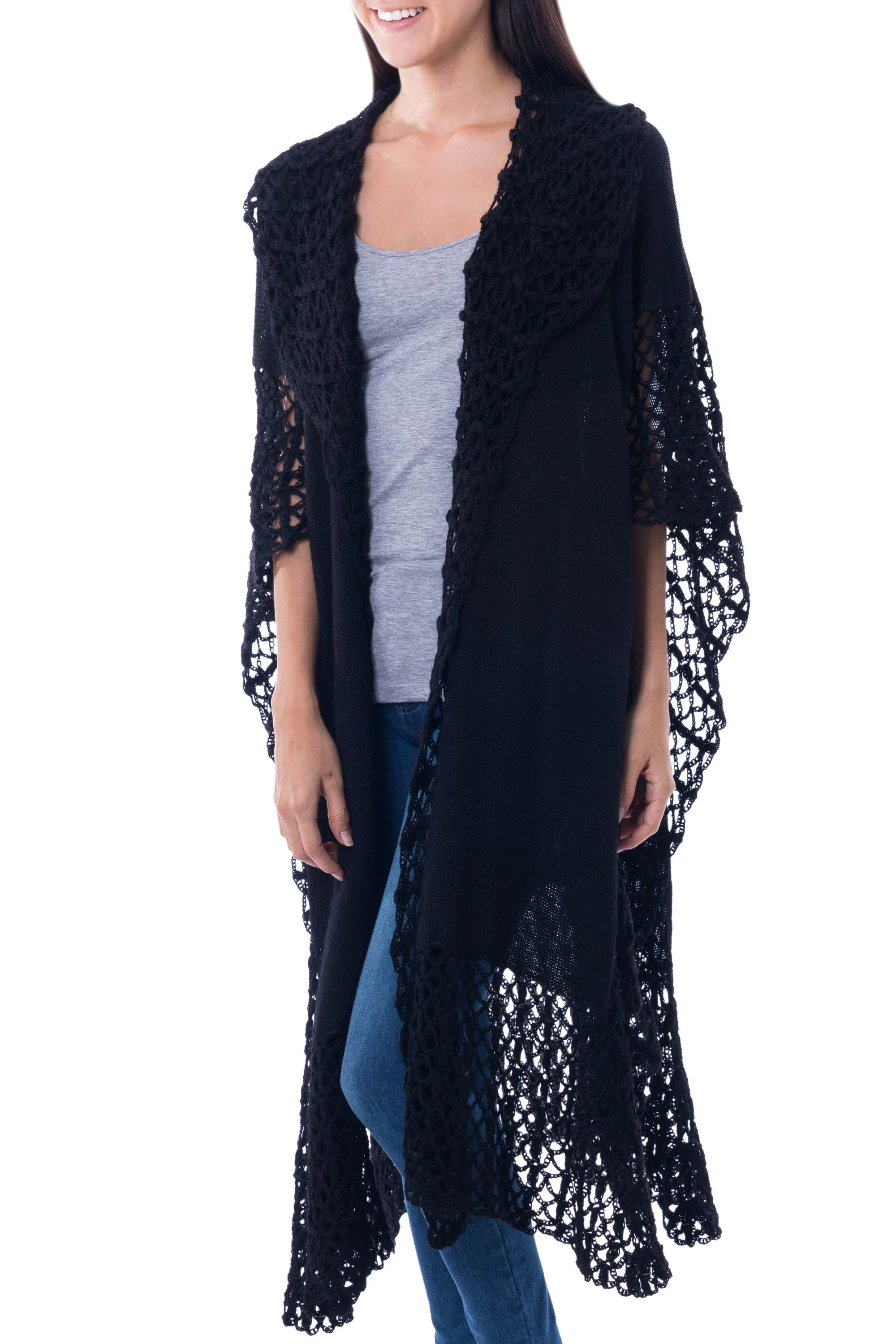 Ebony Whisper Lacy Knitted Black 100% Alpaca Long Kimono Cape from Peru - Image 2