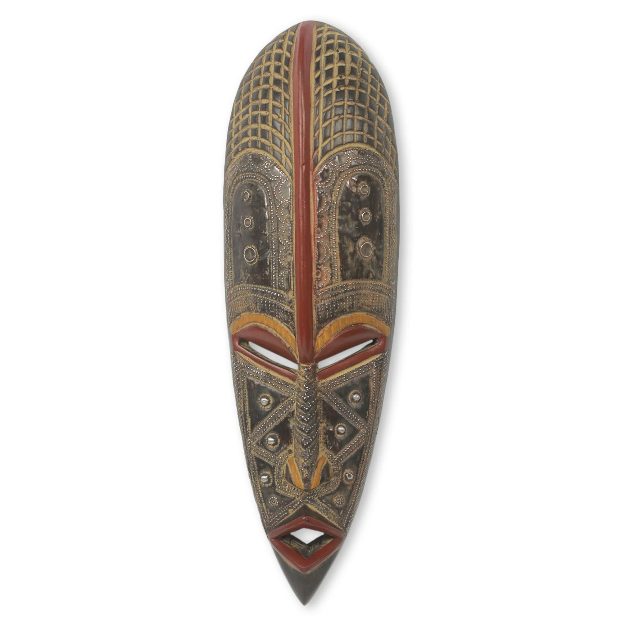 Ekene Artisan Crafted African Wood Mask with Metal Accents - Image 2