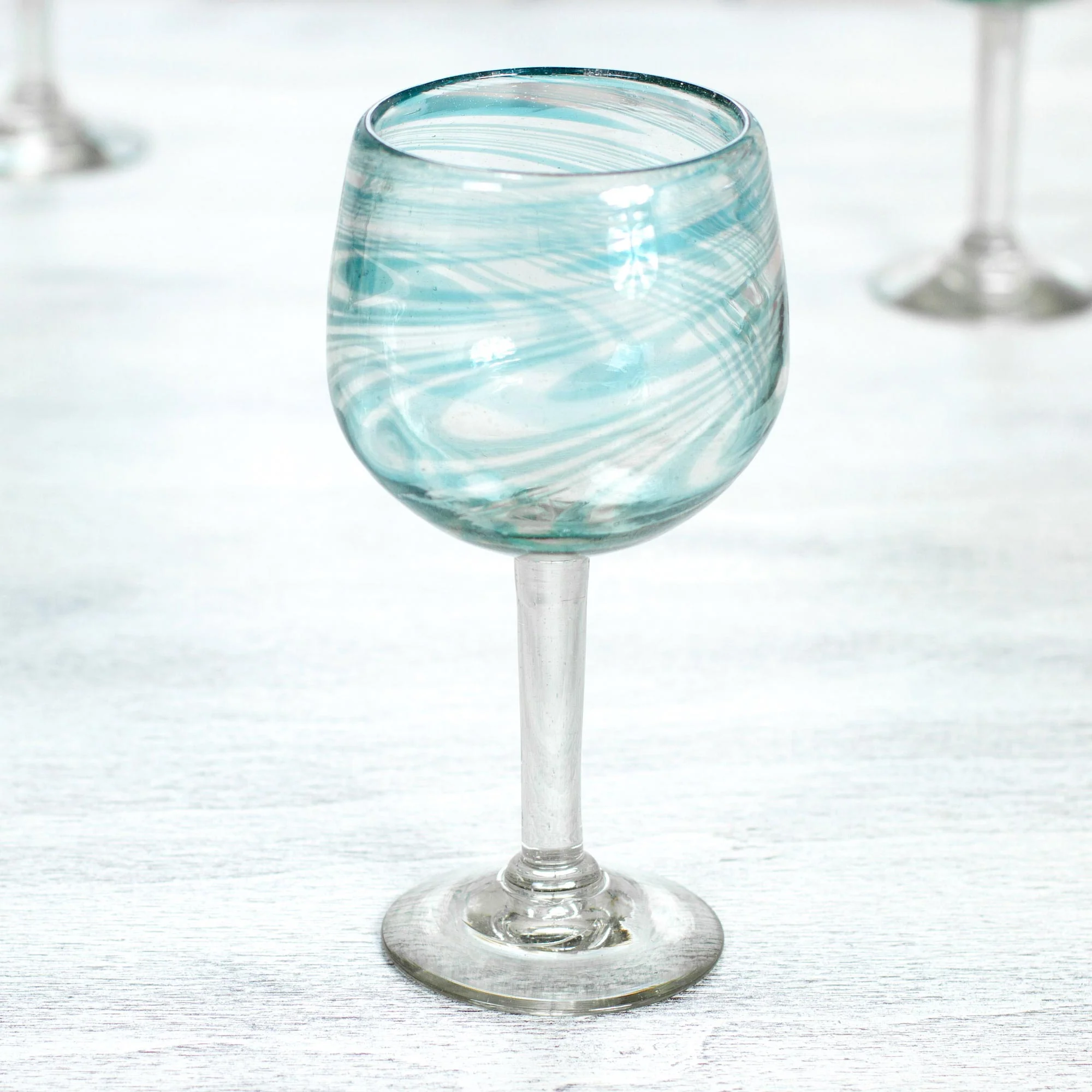 Elegant Aqua Swirl Set of 6 Recycled Hand Blown Aqua Wine Glasses from Mexico - Image 4