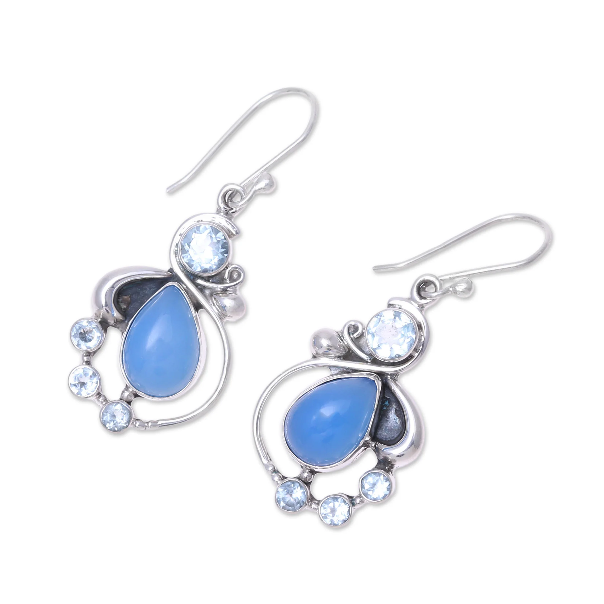 Elegant Dew Blue Topaz and Chalcedony Dangle Earrings from India - Image 4