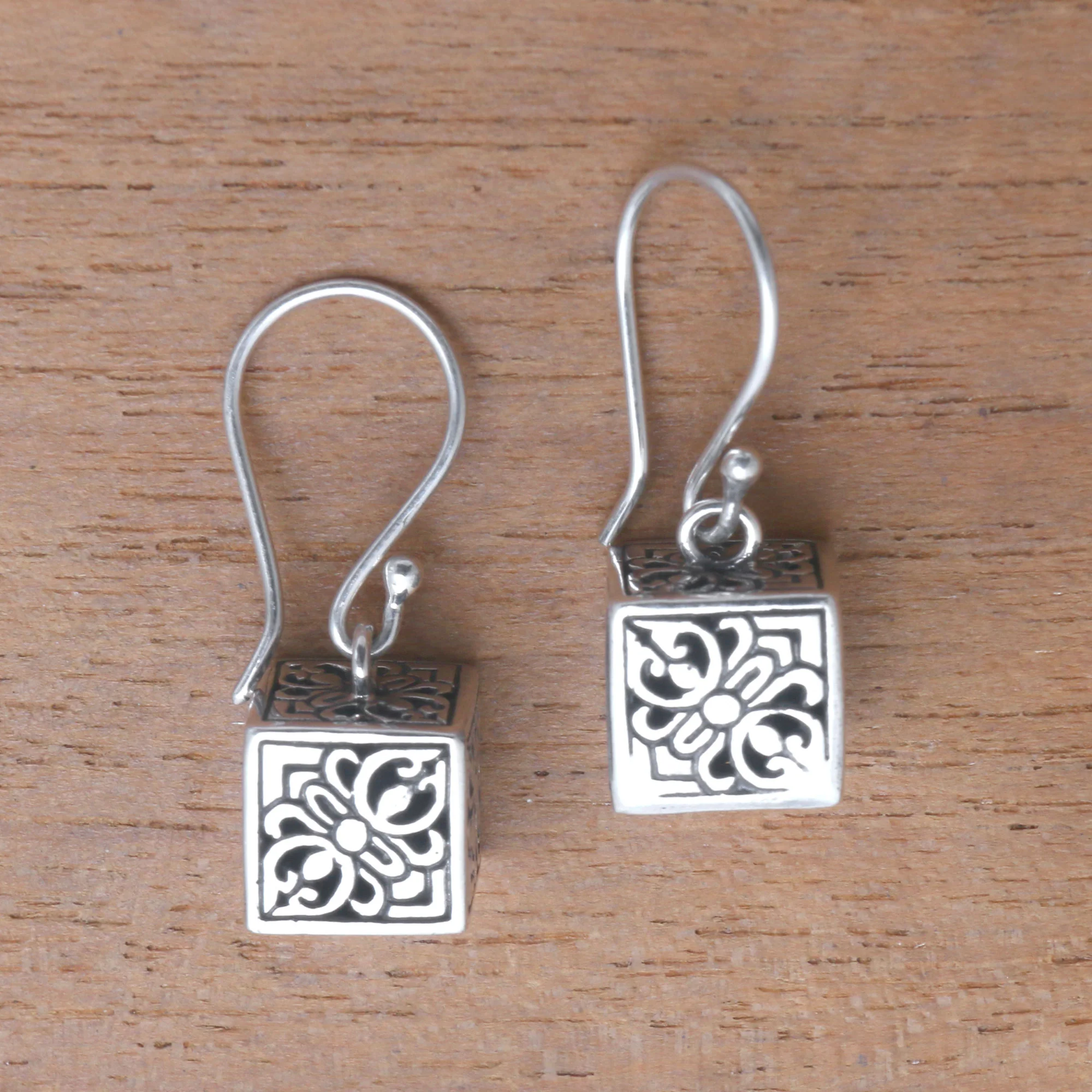 Elegant Dice Sterling Silver Cube Dangle Earrings from Bali - Image 3