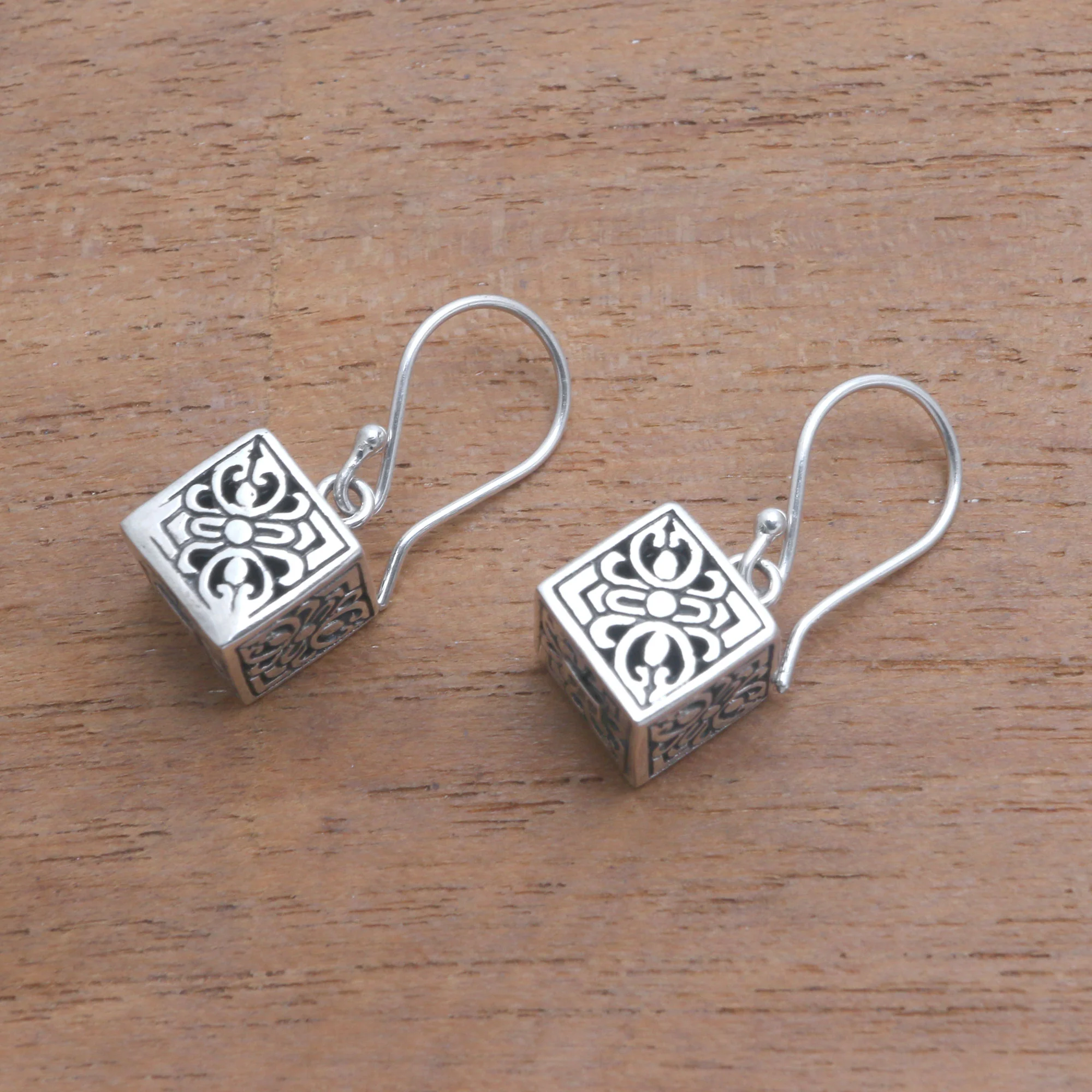 Elegant Dice Sterling Silver Cube Dangle Earrings from Bali - Image 4