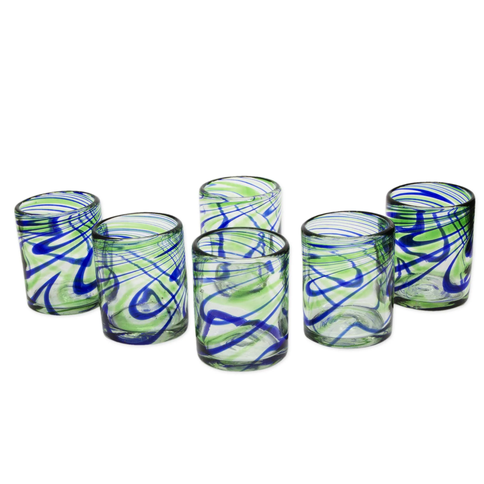 Elegant Energy Set of 6 Hand Made Blown Glass Rocks Glass in Blue and Green - Image 2