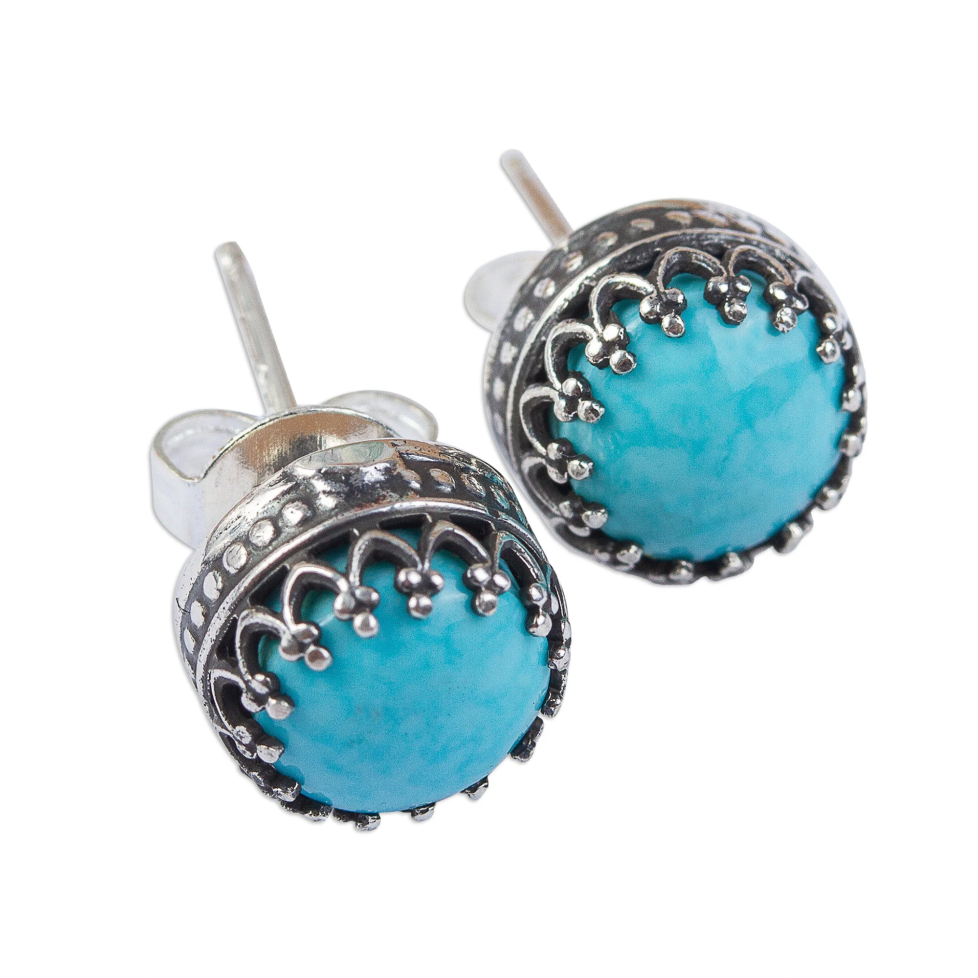 Elegant Fretwork Natural Turquoise and Taxco Silver Stud Earrings - Image 2