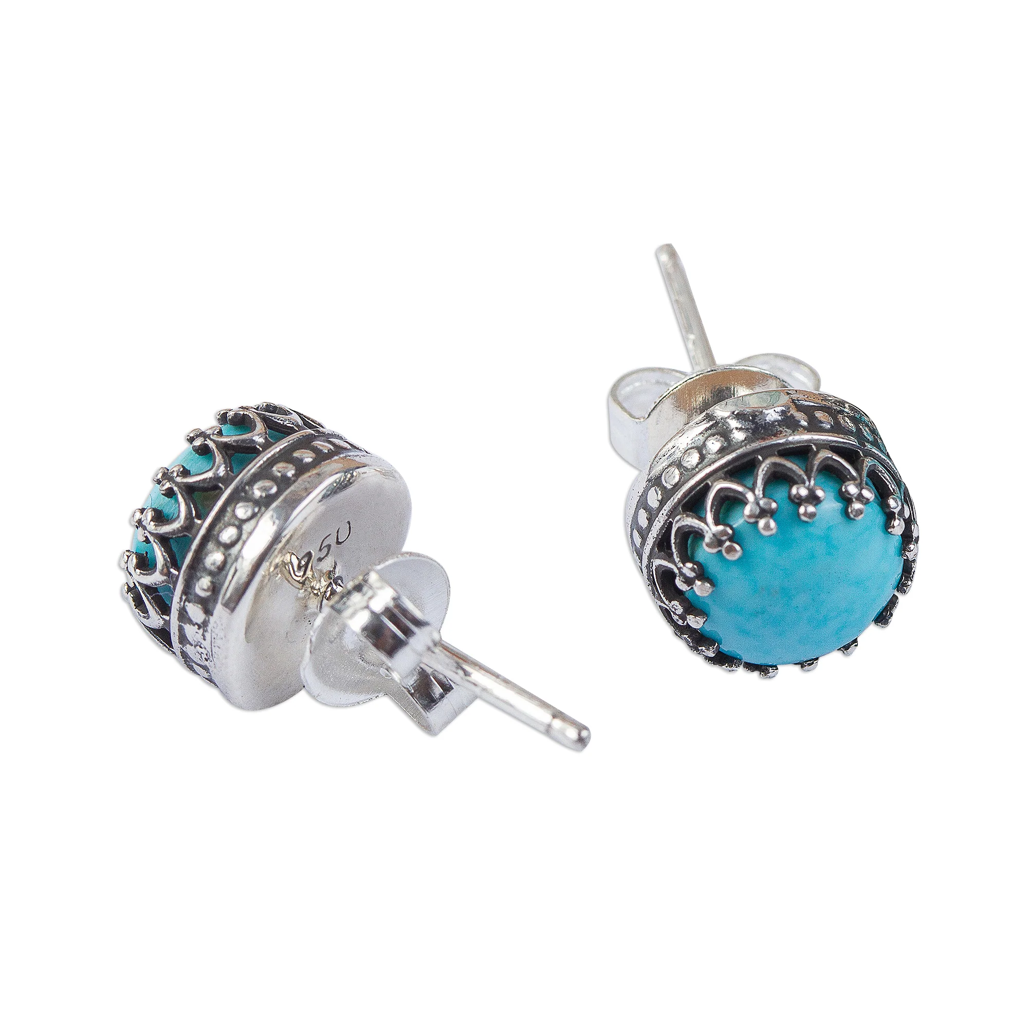 Elegant Fretwork Natural Turquoise and Taxco Silver Stud Earrings - Image 3