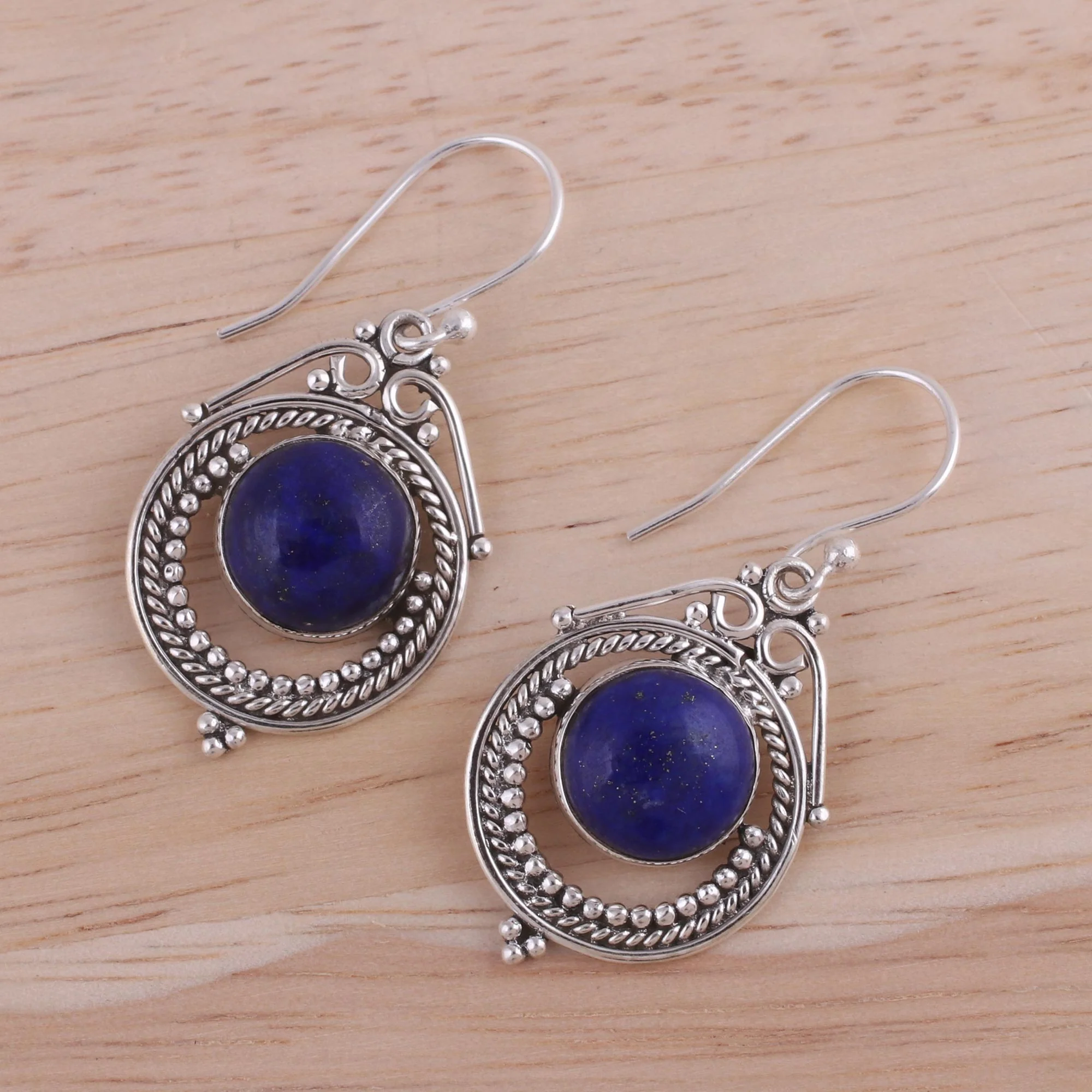 Elegant Globes Lapis Lazuli and Sterling Silver Dangle Earrings from India - Image 3