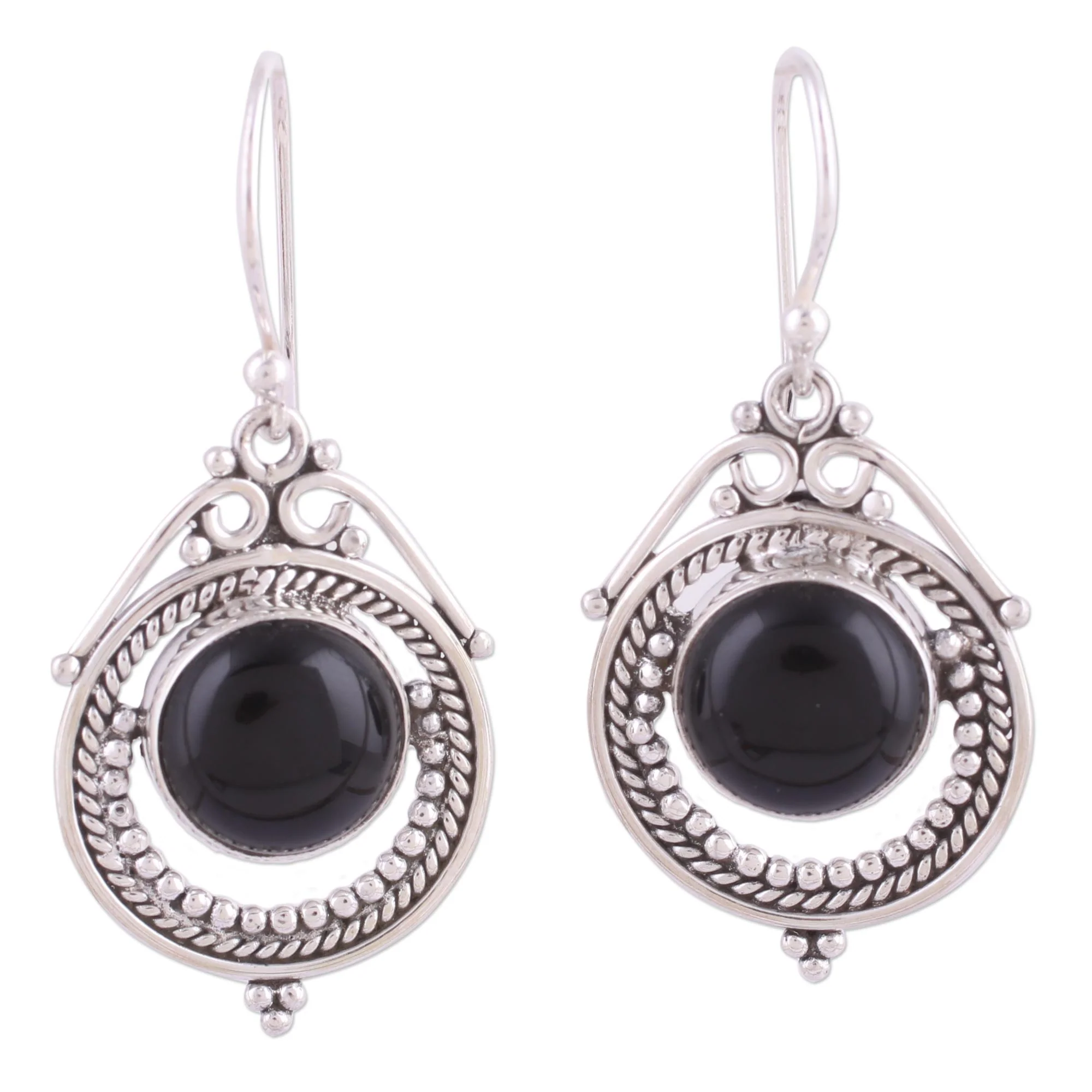 Elegant Globes Onyx and Sterling Silver Dangle Earrings from India - Image 2