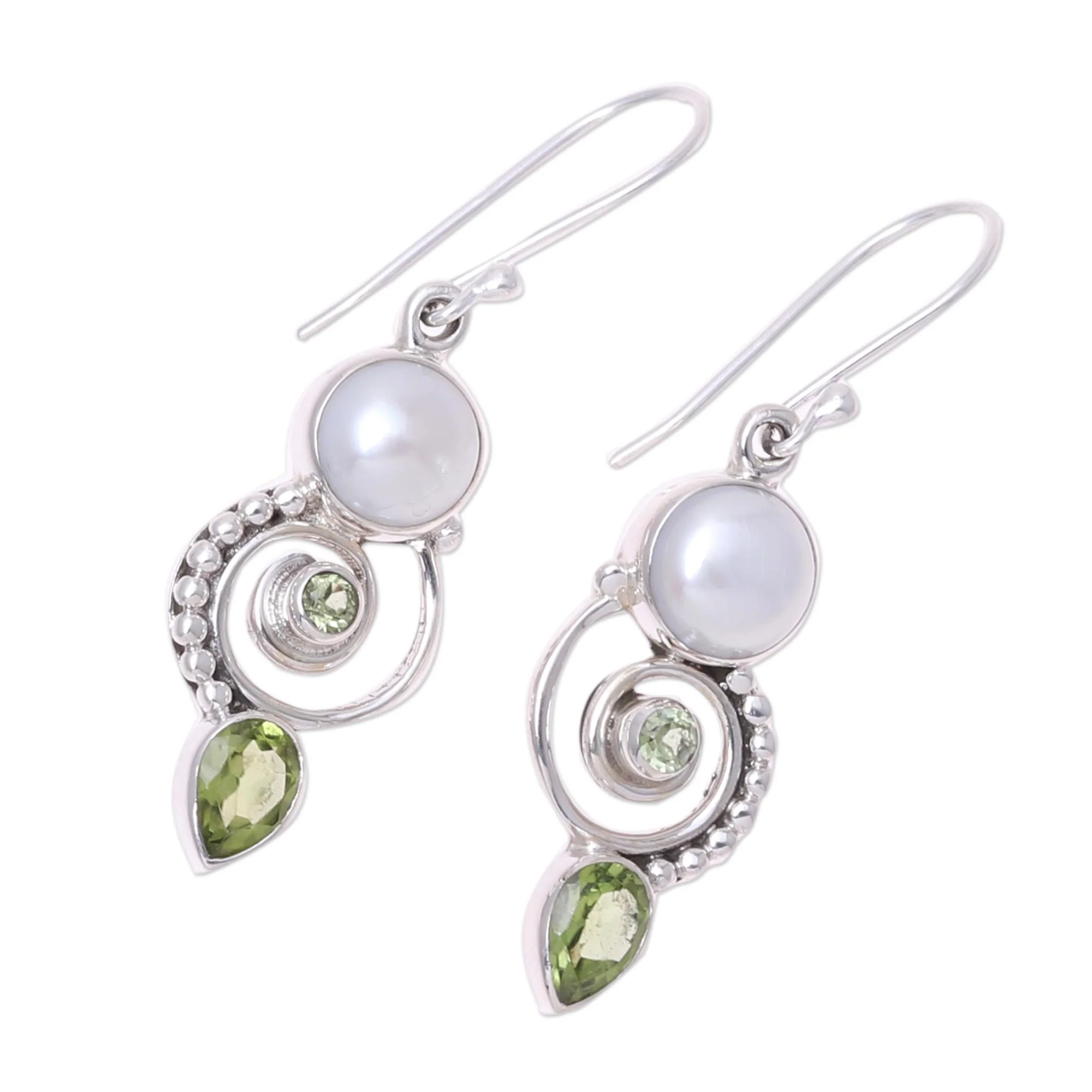 Elegant Labyrinth Cultured Pearl Peridot Sterling Silver Dangle Earrings - Image 4