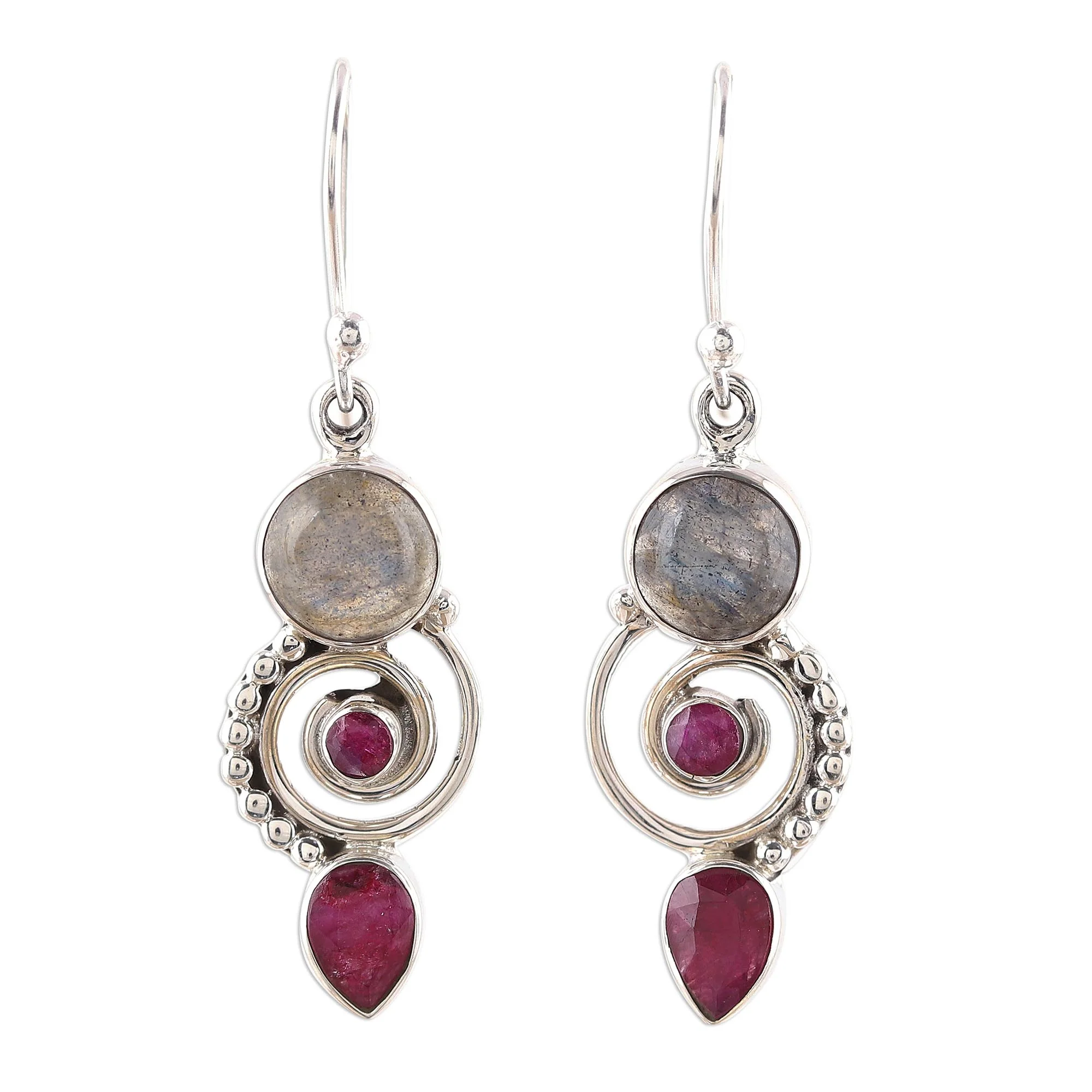 Elegant Labyrinth Labradorite and Agate Dangle Earrings from India - Image 2
