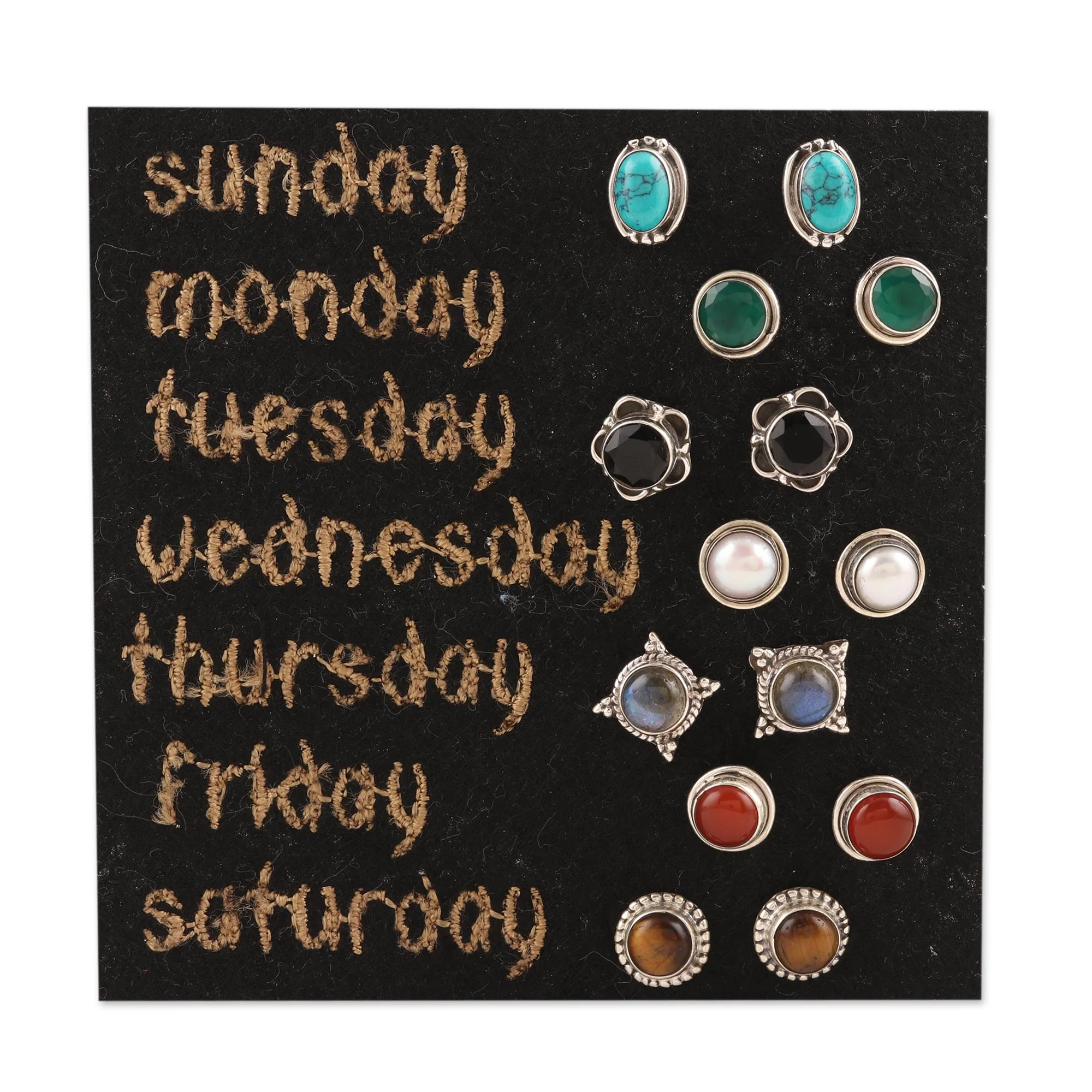 Elegant Pairs Set of 7 Multi-Gemstone Stud Earrings from India - Image 3