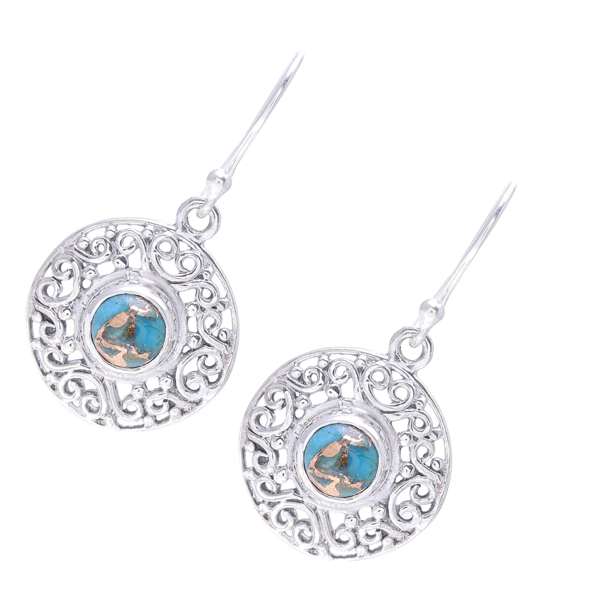 Elegant Sea Composite Turquoise Sterling Silver Round Dangle Earrings - Image 4