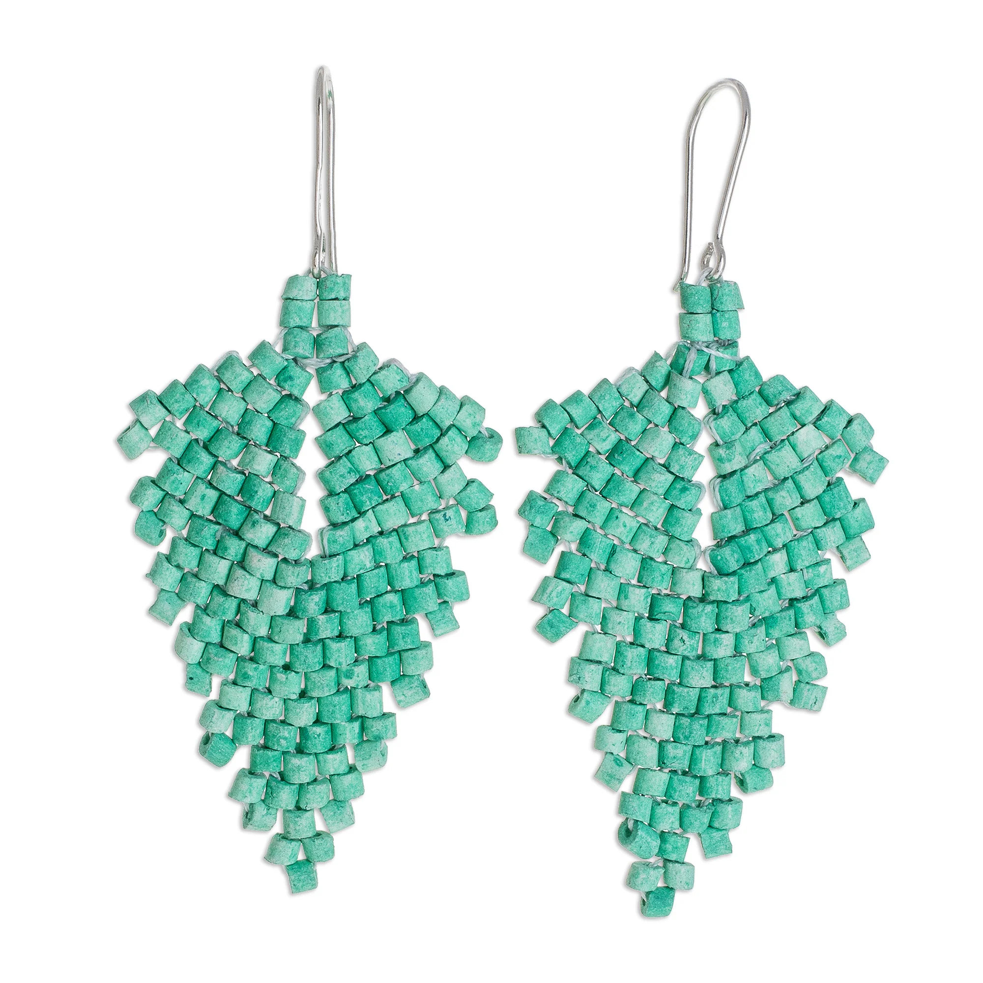 Elegant Wind in Green Leaf-Shaped Ceramic Beaded Dangle Earrings in Green - Image 2