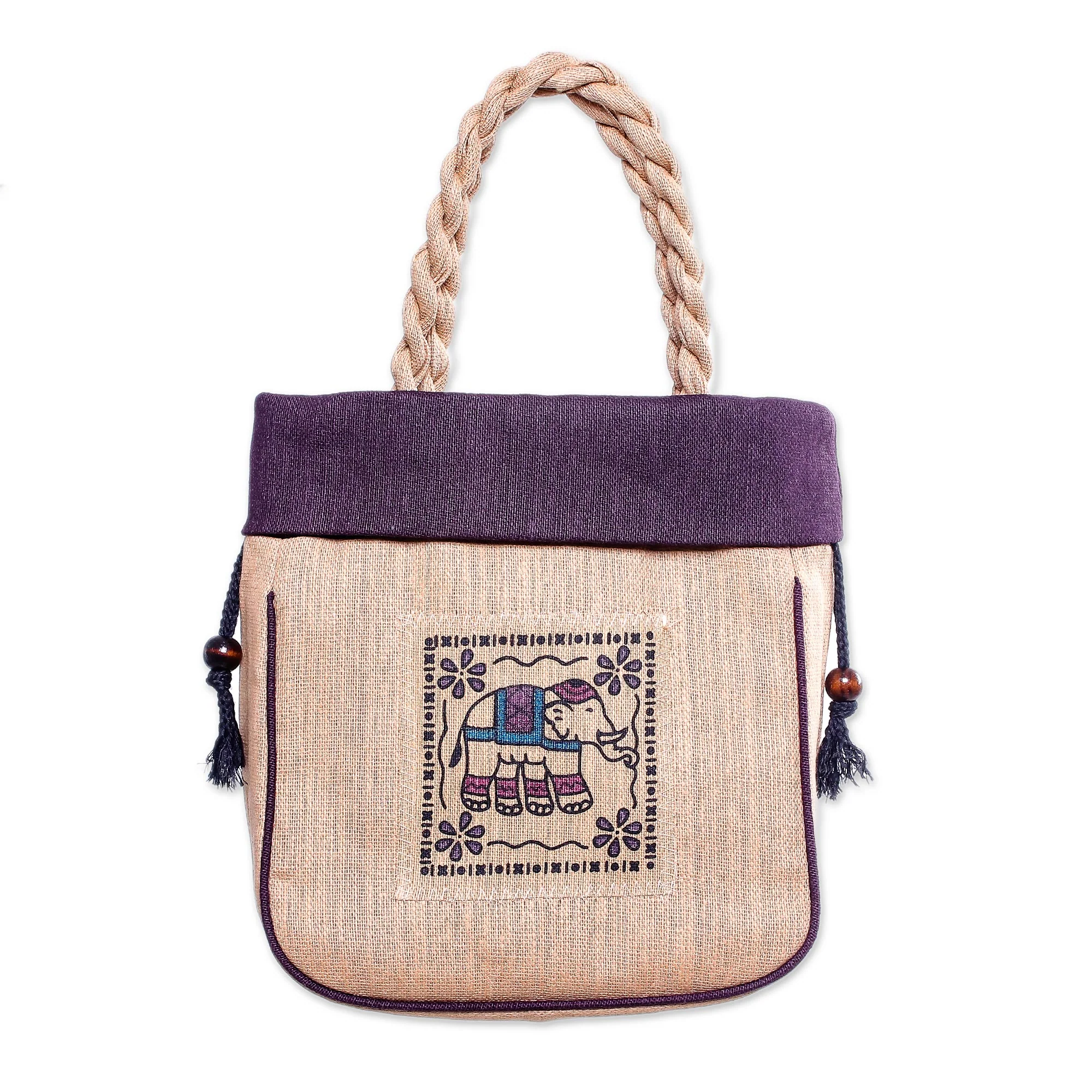 Elephant Caper in Purple 100% Cotton Tan and Purple Elephant Motif Cinch-Top Handbag - Image 2