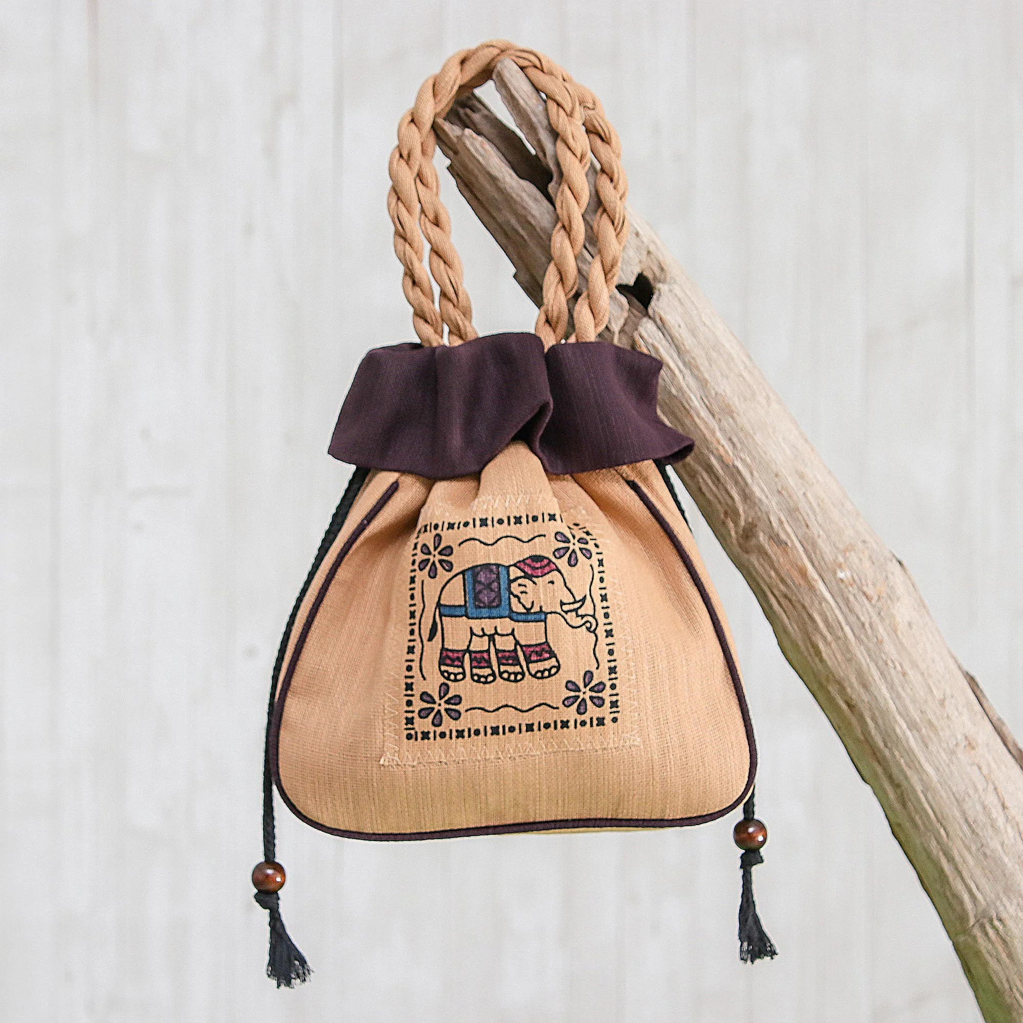 Elephant Caper in Purple 100% Cotton Tan and Purple Elephant Motif Cinch-Top Handbag - Image 3