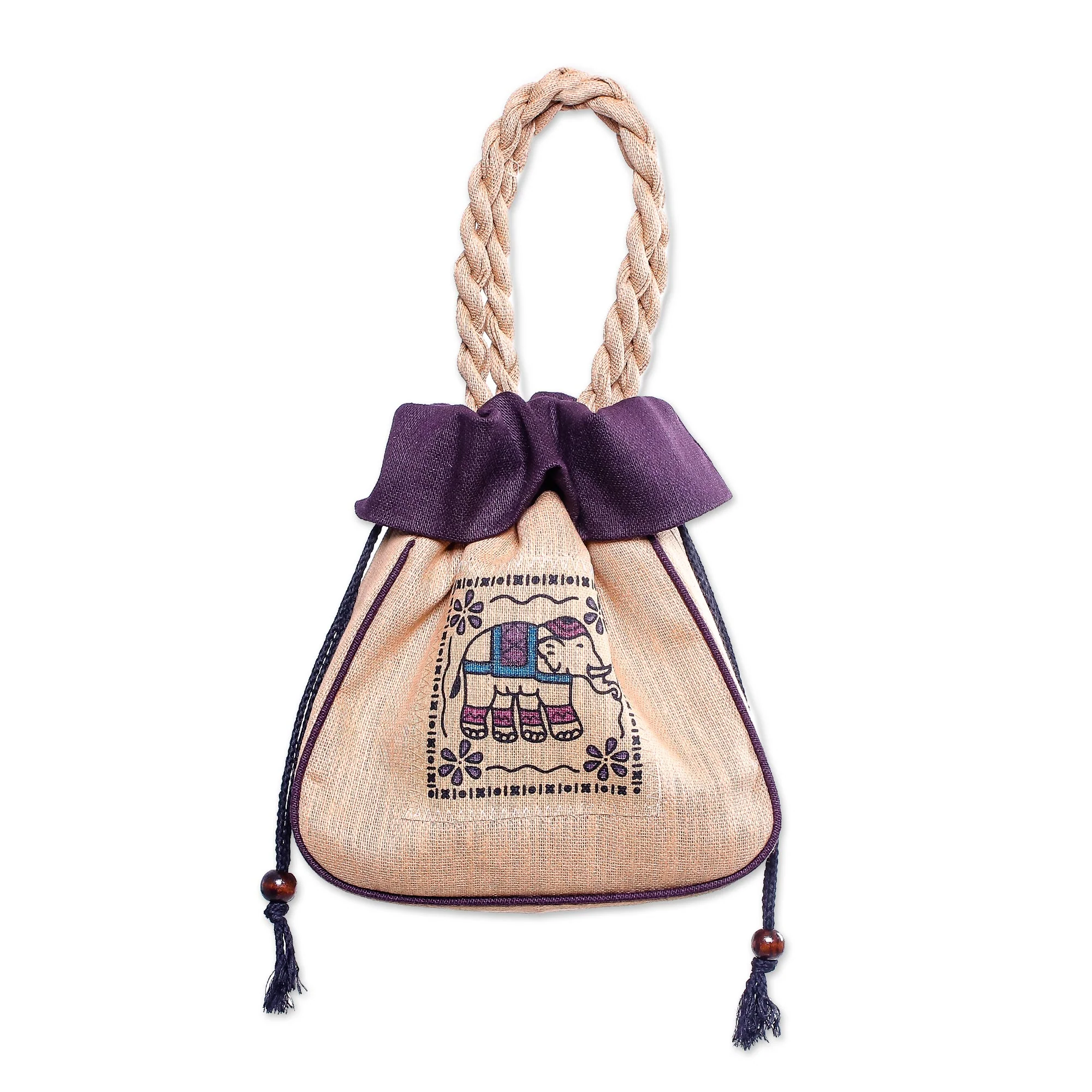 Elephant Caper in Purple 100% Cotton Tan and Purple Elephant Motif Cinch-Top Handbag - Image 4