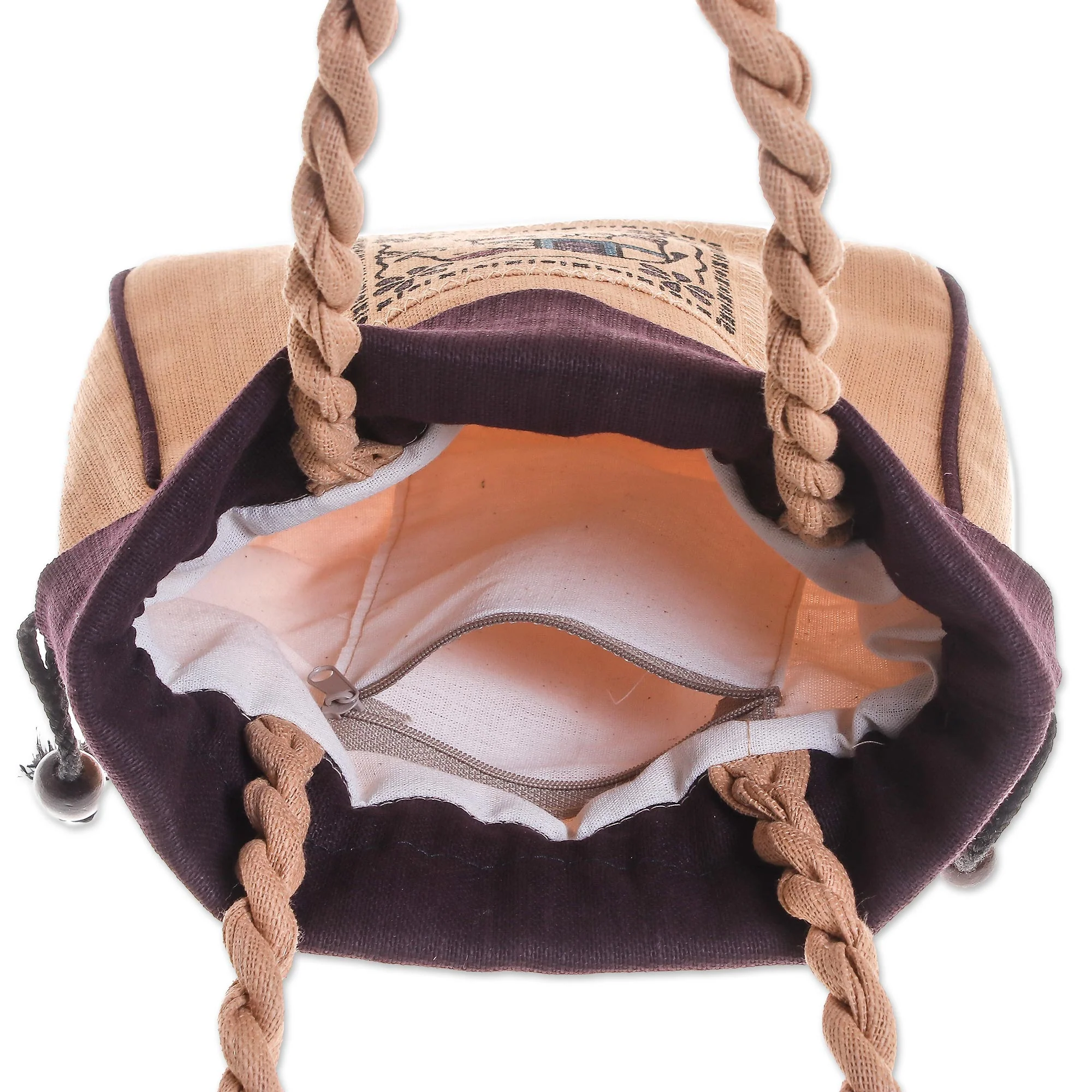Elephant Caper in Purple 100% Cotton Tan and Purple Elephant Motif Cinch-Top Handbag - Image 5