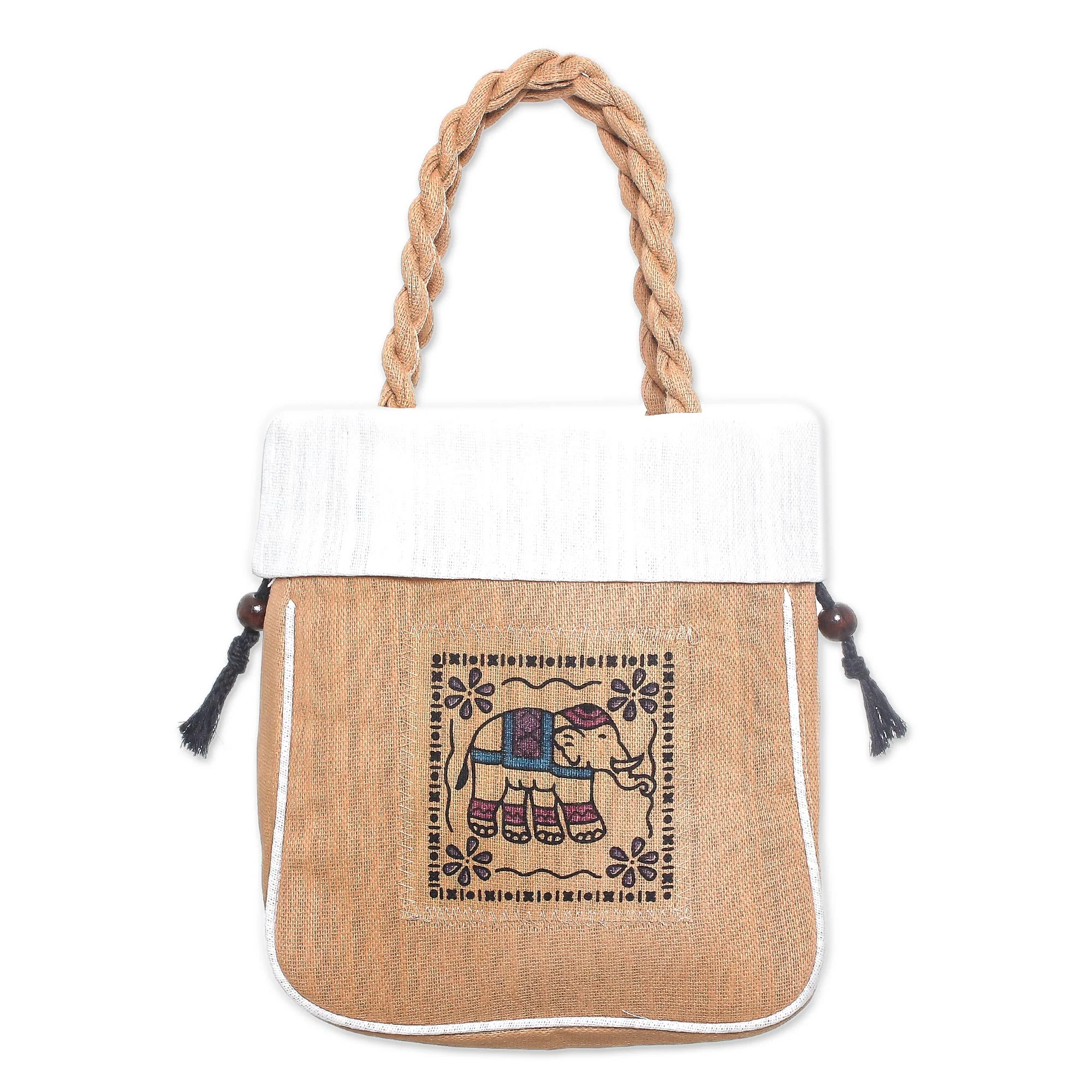 Elephant Caper in White 100% Cotton Tan and White Elephant Motif Cinch-Top Handbag - Image 2