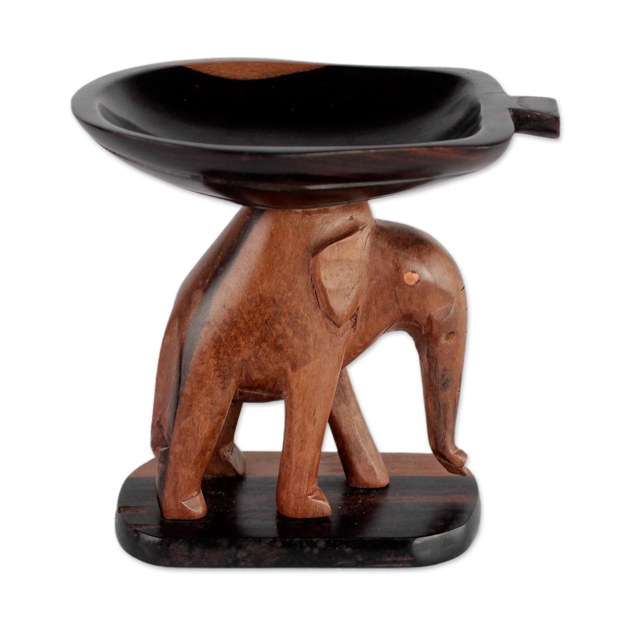 Elephant Carrying a Leaf Handcrafted Ebony Wood Elephant Mini Catchall from Ghana - Image 2