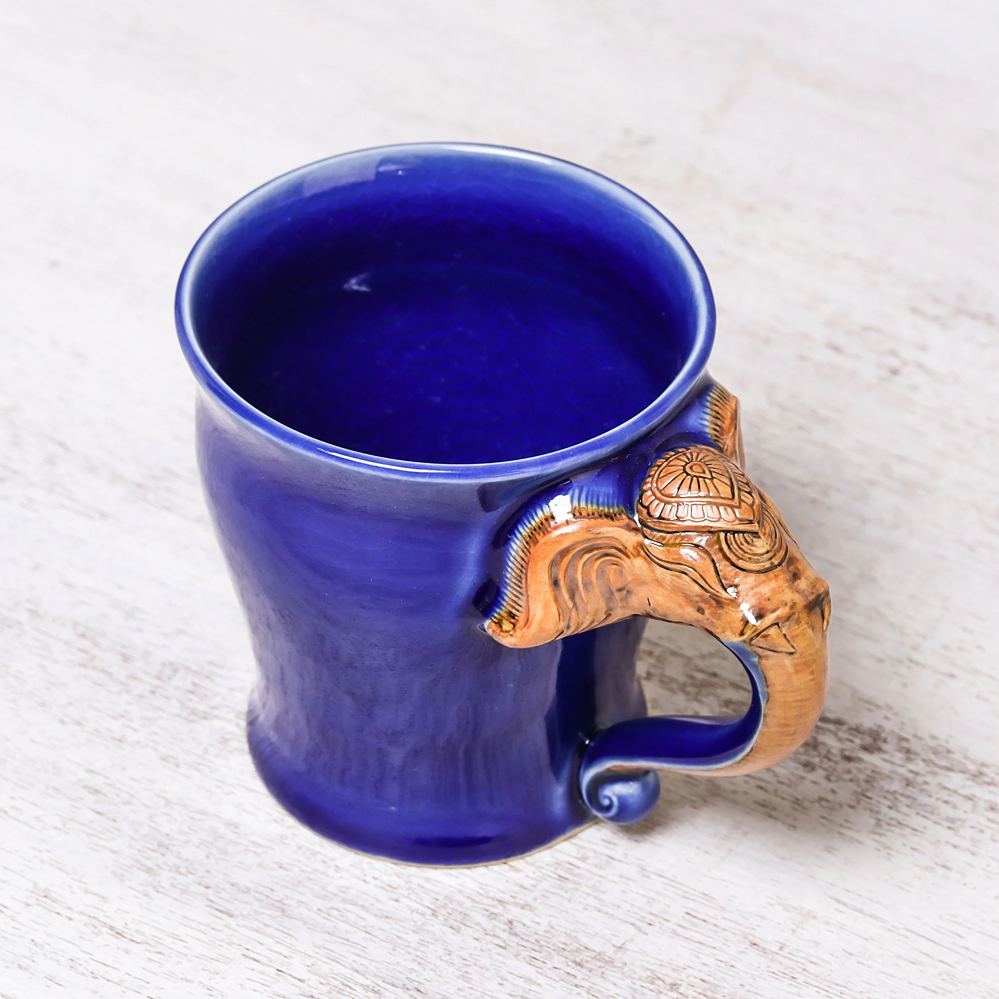 Elephant Handle in Blue Celadon Ceramic Elephant Mug in Blue from Thailand (10 oz.) - Image 4