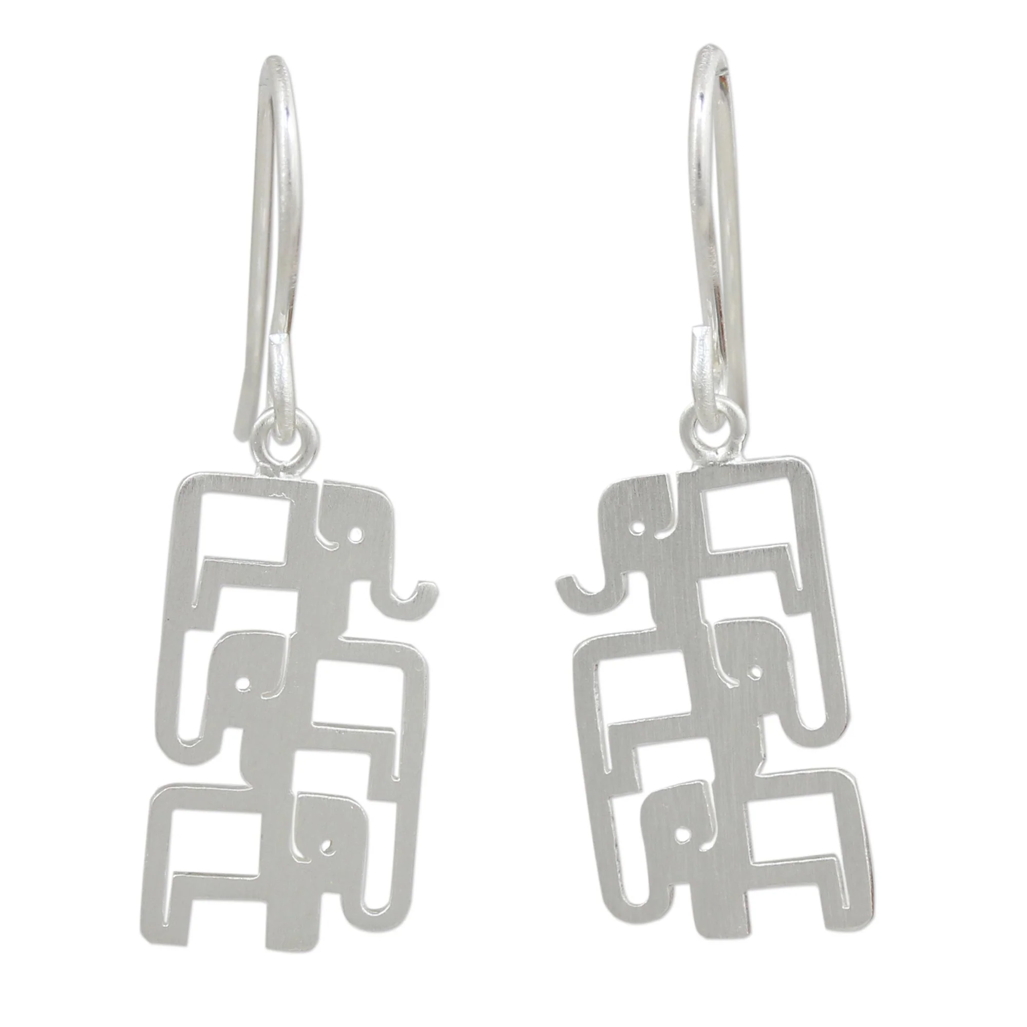 Elephant Pyramid Brushed Sterling Silver Three-Elephant Dangle Earrings - Image 2