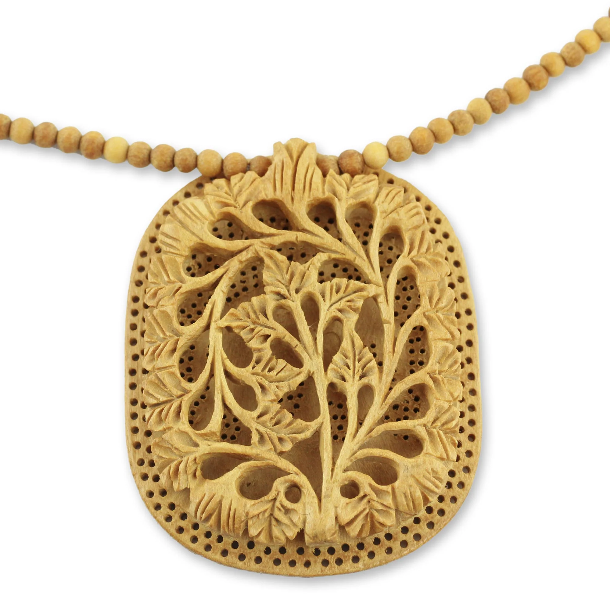 Elephant Shadow Hand Made Indian Floral Wood Pendant Necklace - Image 2