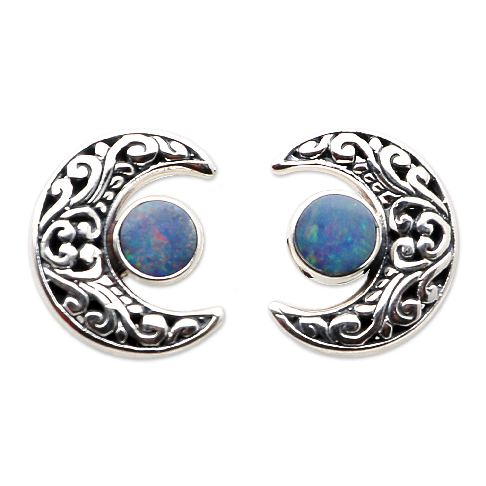 Embellished Moon Opal and Sterling Silver Crescent Moon Button Earrings - Image 2