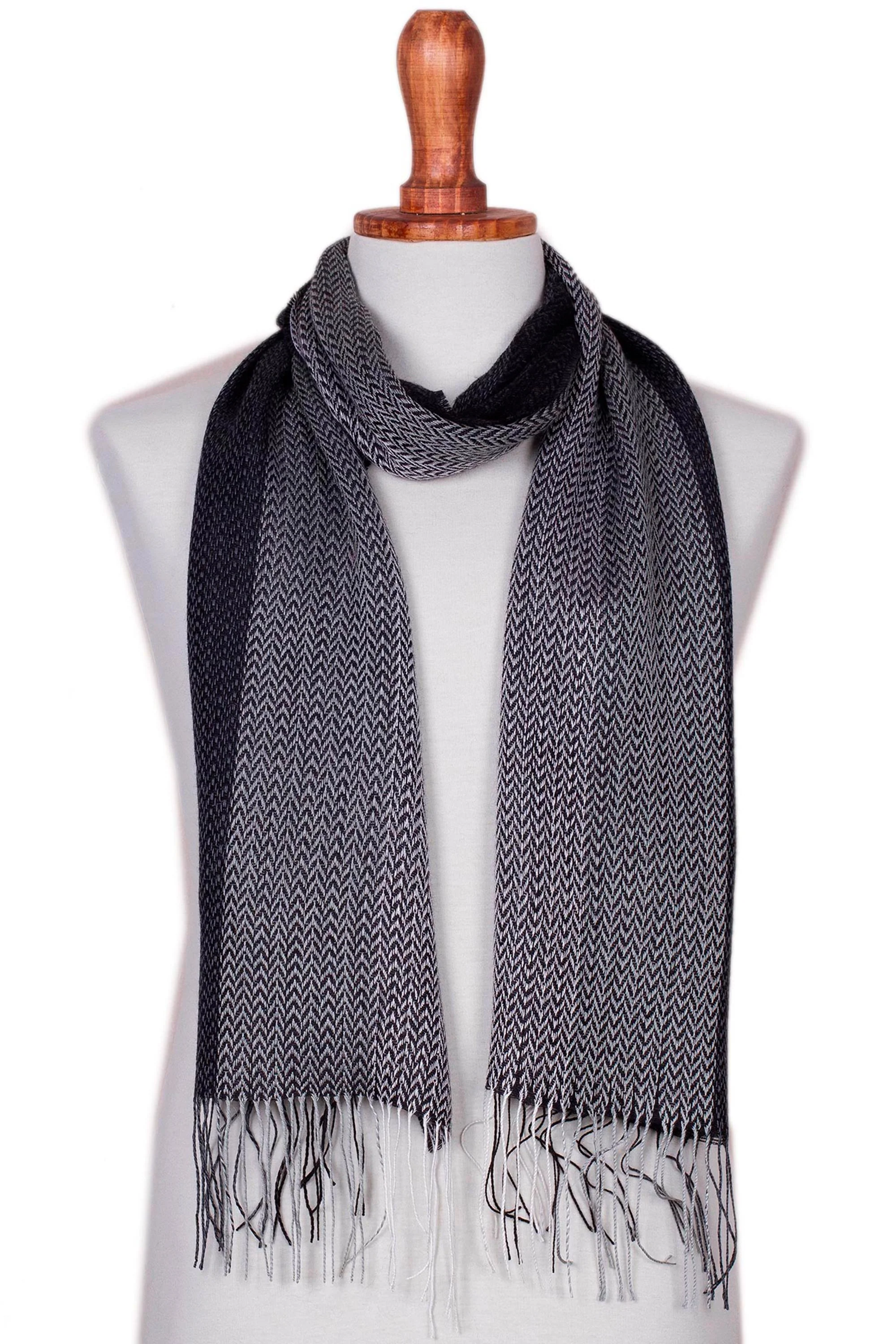 Emboldened Handwoven Black and Grey Baby Alpaca Blend Scarf from Peru - Image 2