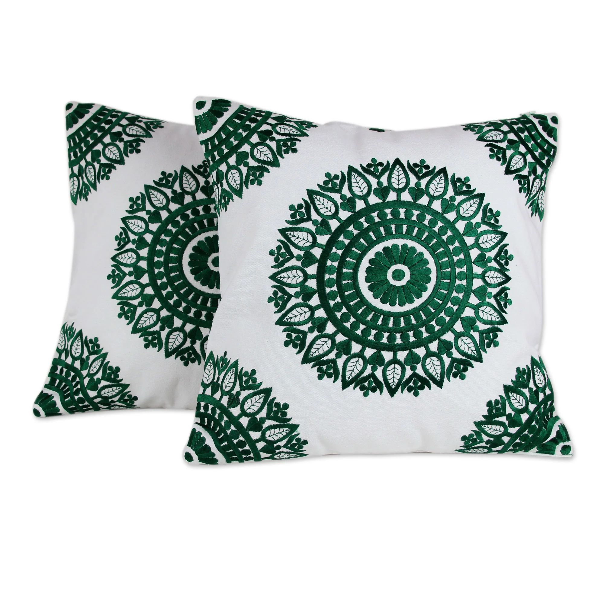Emerald Delight Green and White Embroidered Cotton Cushion Covers (Pair) - Image 2
