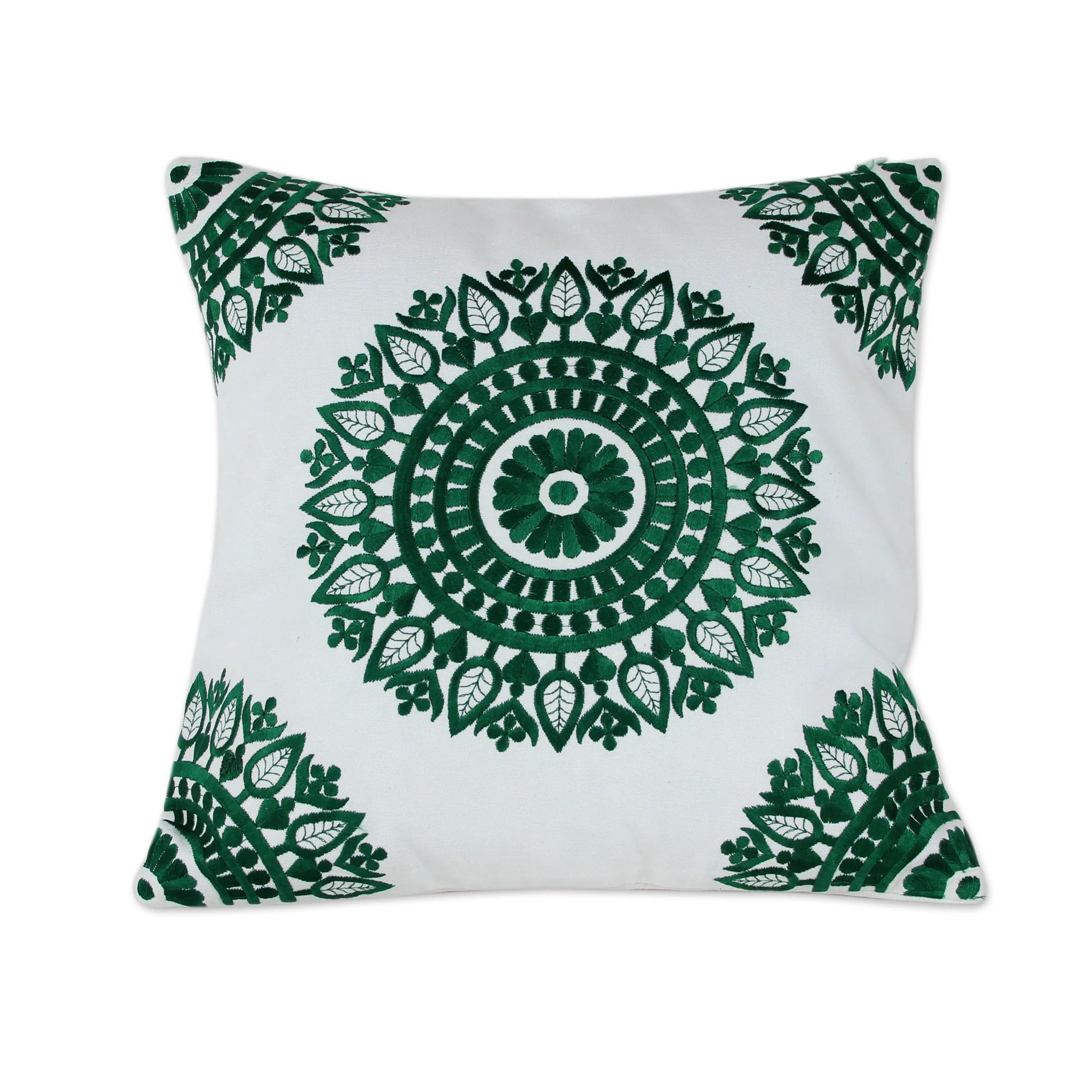 Emerald Delight Green and White Embroidered Cotton Cushion Covers (Pair) - Image 3