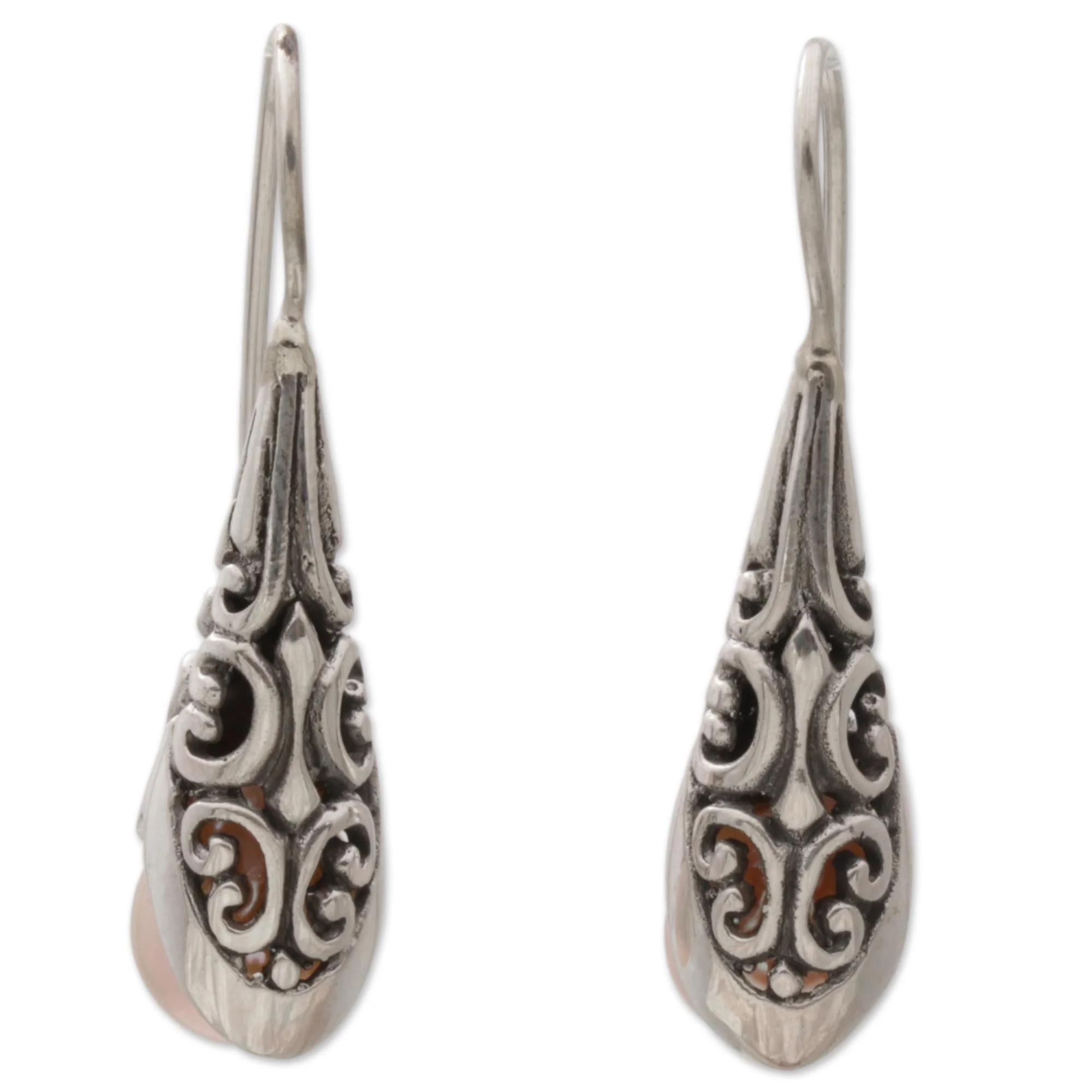 Emerging Beauty in Peach Cultured Pearl and Sterling Silver Drop Earrings from Bali - Image 2